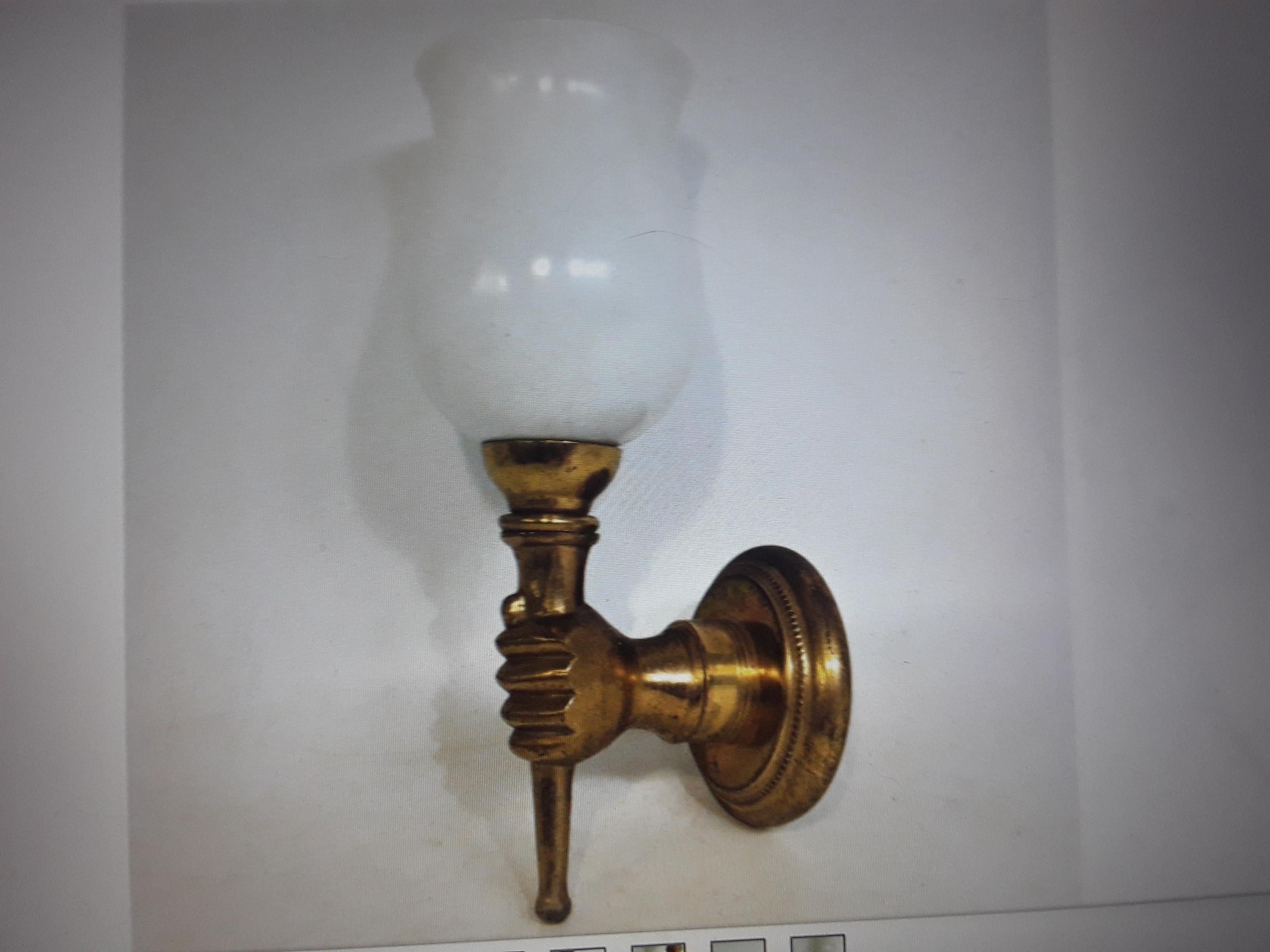1930's French Art Deco Gilt Bronze Fist Holding Torch -Opaline Shade attr. Arbus For Sale 4
