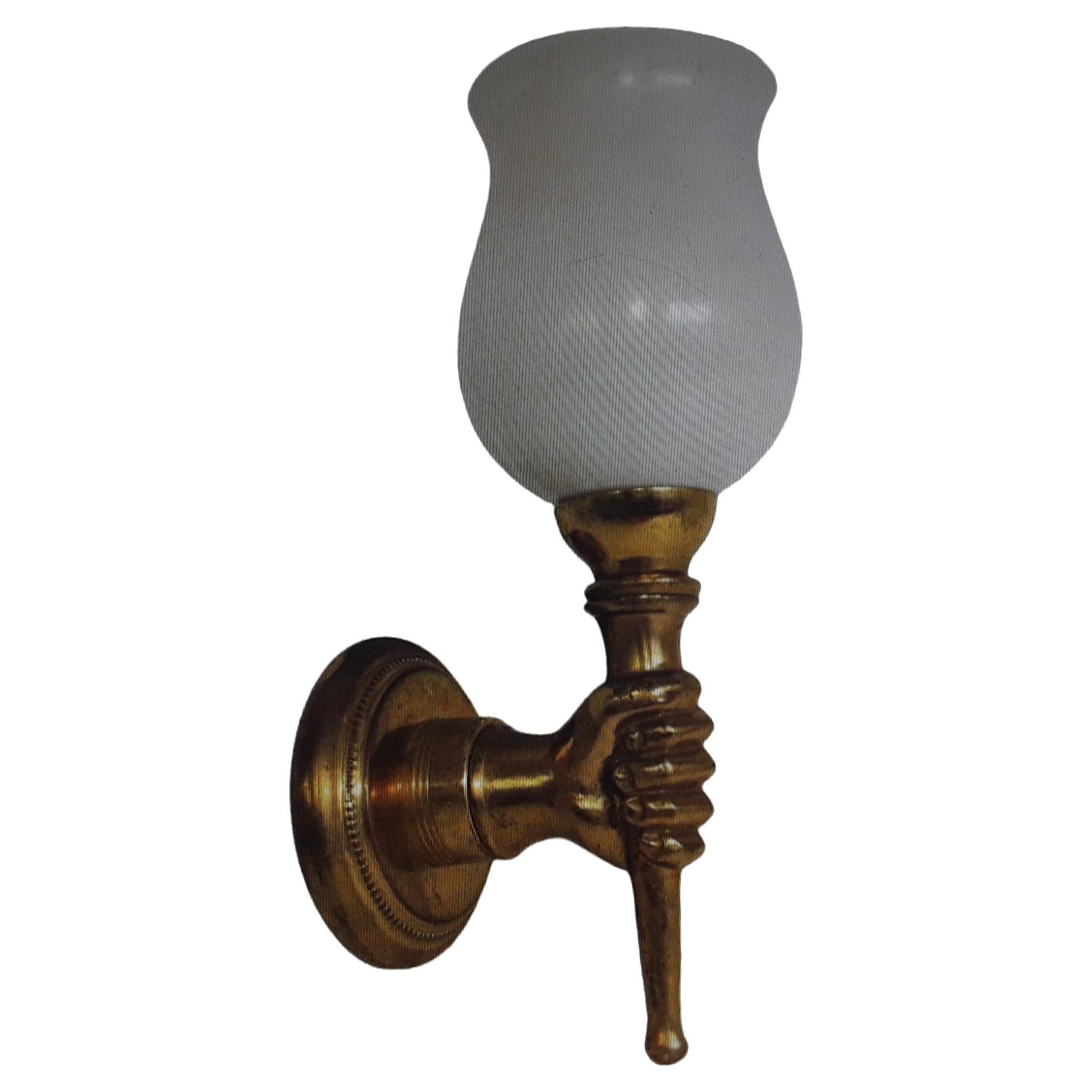 1930's French Art Deco Gilt Bronze Fist Holding Torch -Opaline Shade attr. Arbus For Sale
