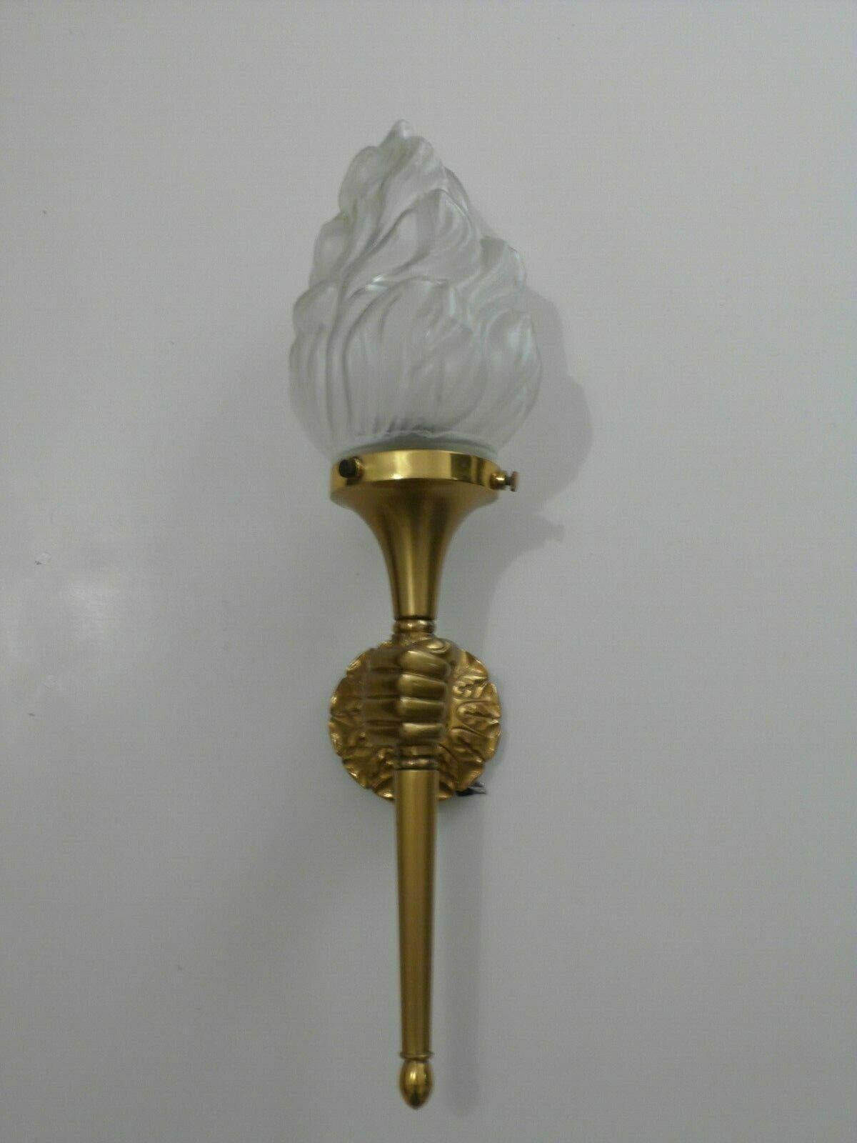 1930's French Art Deco Gilt Bronze Hand / Fist Holding Torch. Attribution Maison Jansen. Single bulb with Art Glass flame shade.
