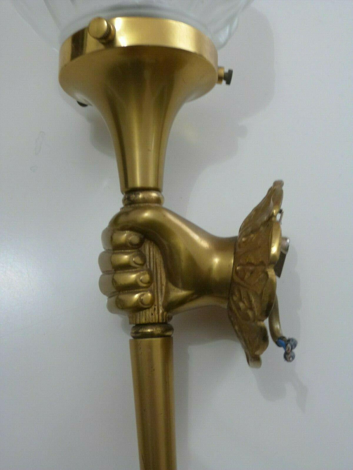 1930's French Art Deco Gilt Bronze Hand / Fist Holding Torch Wall Sconce  In Good Condition For Sale In Opa Locka, FL