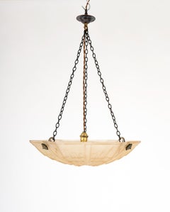 1930s French Art Deco Glass Brass Plafonnier Pendant Light by Jean Noverdy