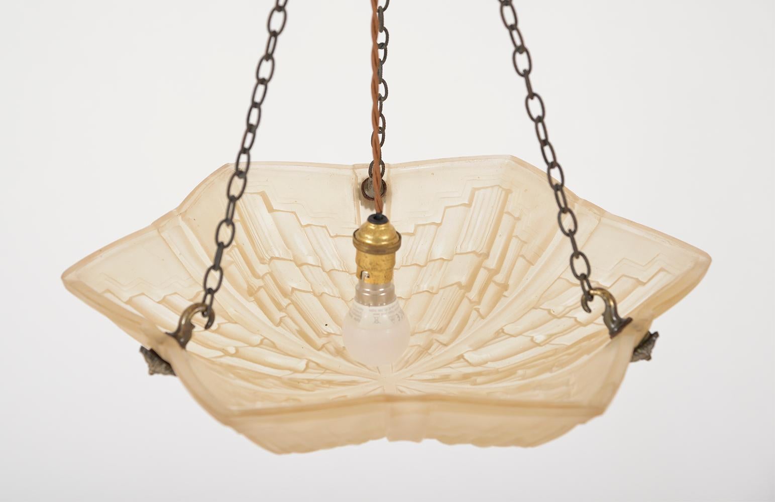 1930s French Art Deco Glass Brass Plafonnier Pendant Light by Jean Noverdy In Good Condition In Sherborne, Dorset