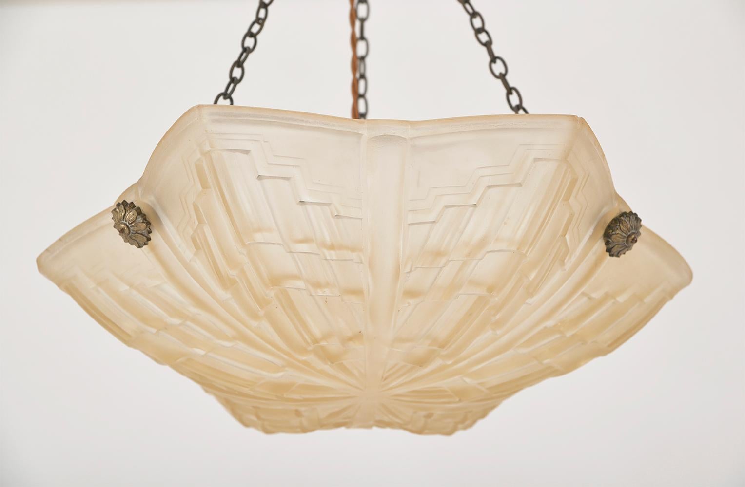 Early 20th Century 1930s French Art Deco Glass Brass Plafonnier Pendant Light by Jean Noverdy