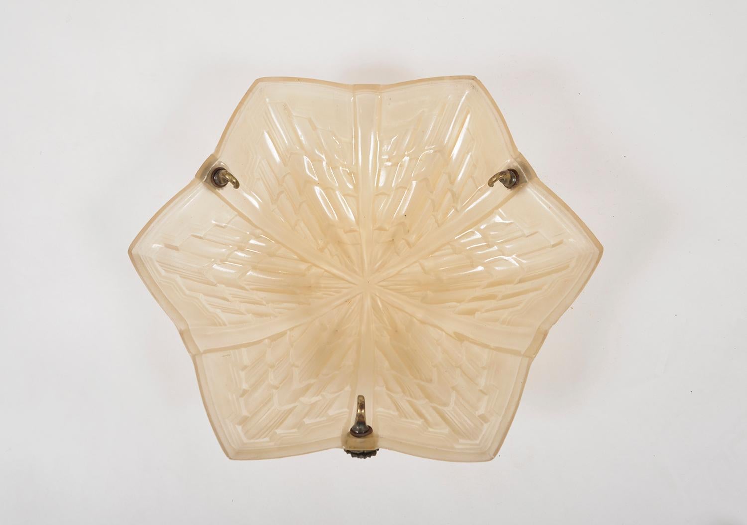1930s French Art Deco Glass Brass Plafonnier Pendant Light by Jean Noverdy 2