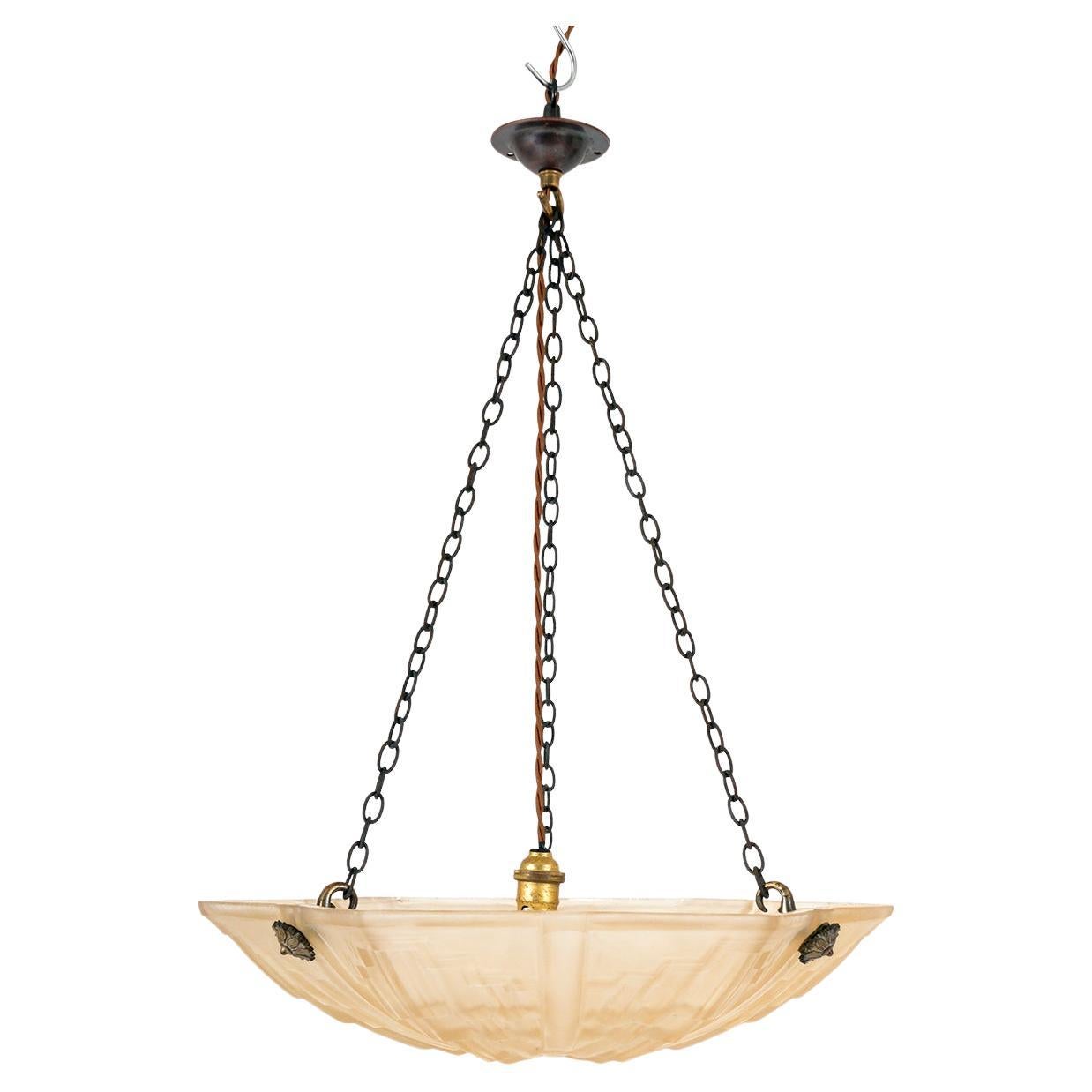 1930s French Art Deco Glass Brass Plafonnier Pendant Light by Jean Noverdy  For Sale at 1stDibs