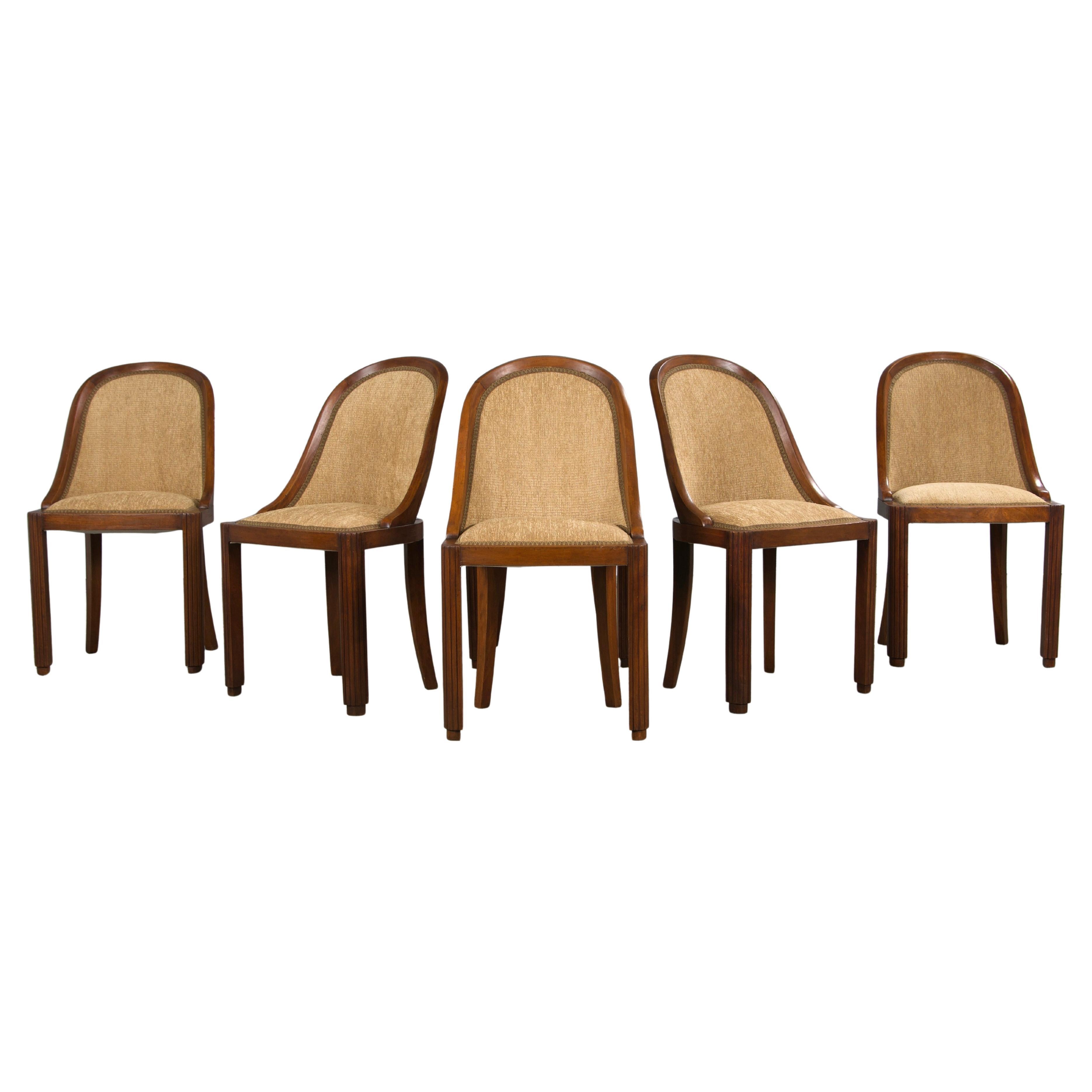 1930s French Art Deco Gondola Walnut Dining Chairs W/ Bronze Chenille - Set of 6