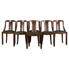 Antique 1930s French Art Deco Gondola Walnut Dining Chairs W/ Green Velvet - Set of 6