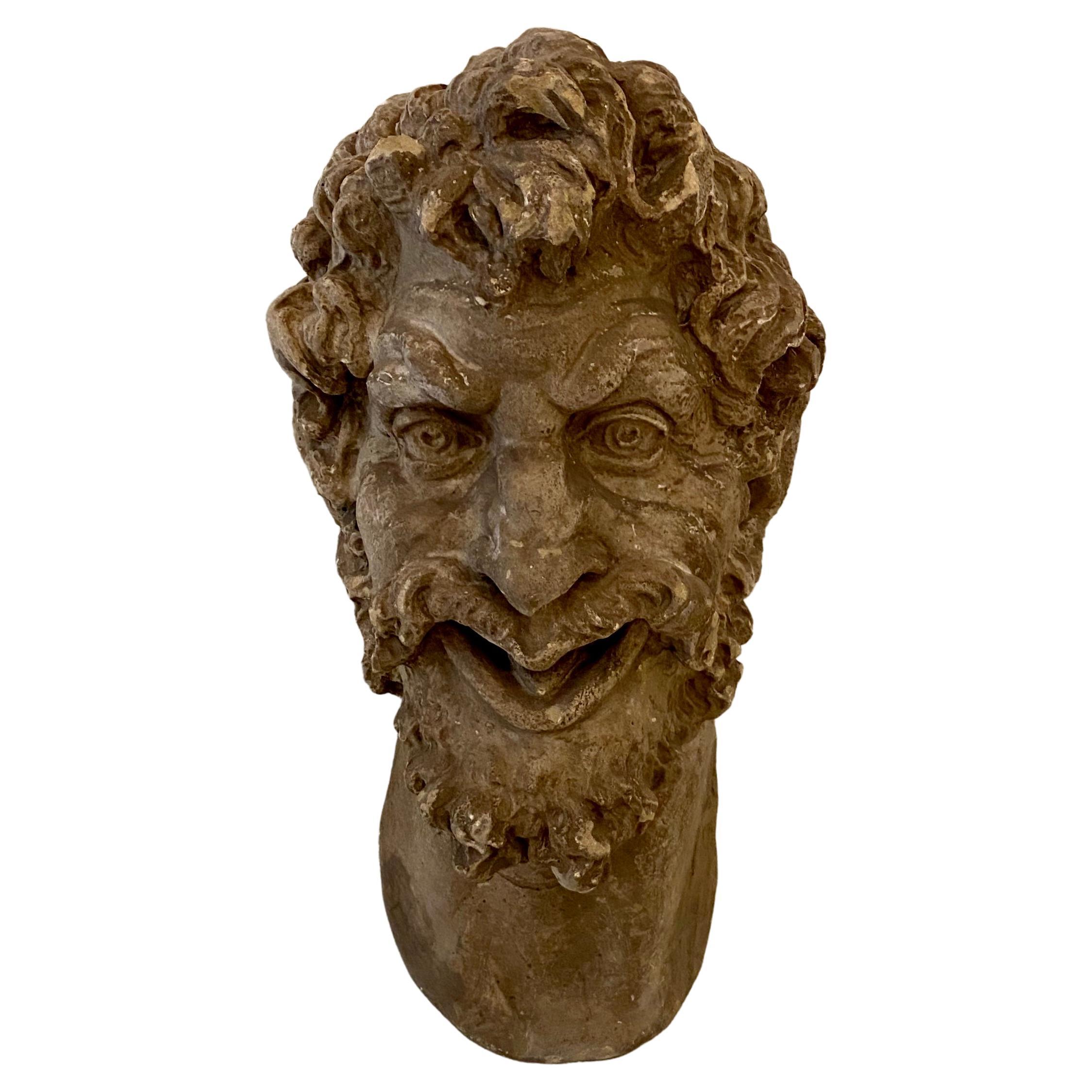 1930s French Art Deco Huge Plaster Head of a Satyr For Sale