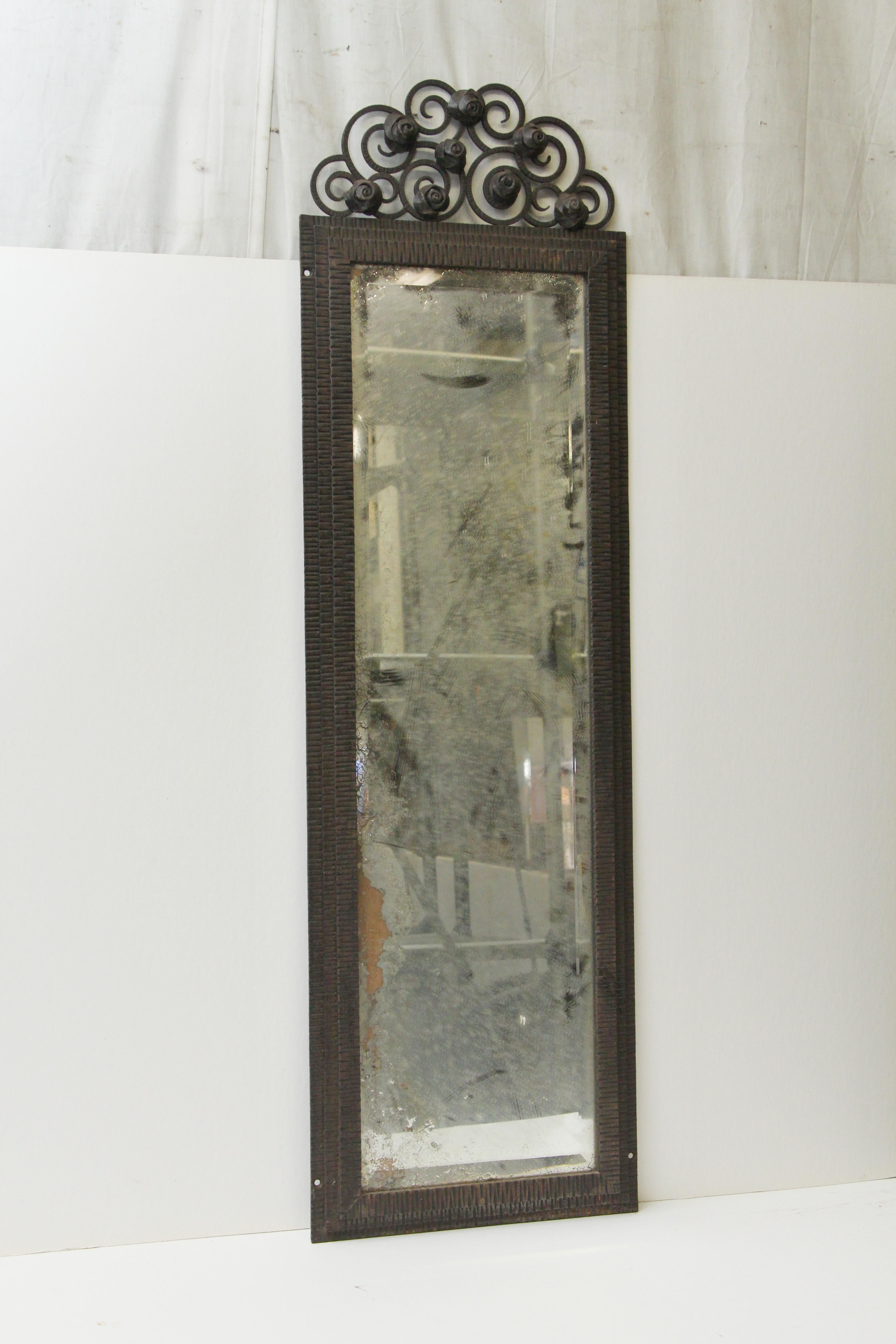 1930s French Art Deco Iron Mirror with Beveled Glass, Floral Top Design 3