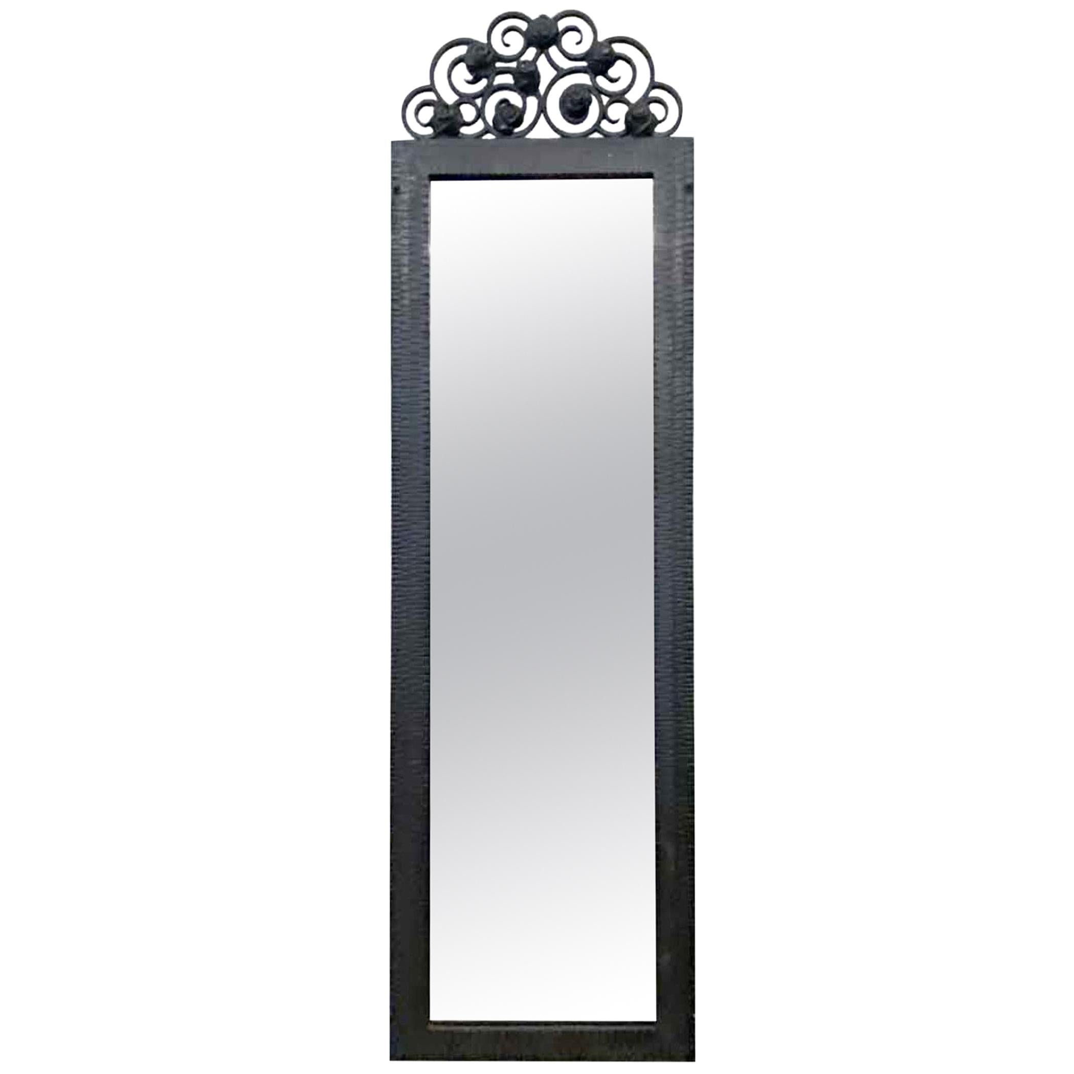 1930s French Art Deco Iron Mirror with Beveled Glass, Floral Top Design
