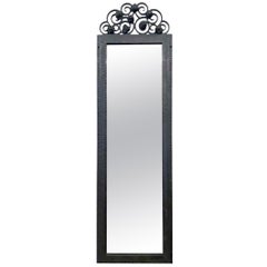1930s French Art Deco Iron Mirror with Beveled Glass, Floral Top Design