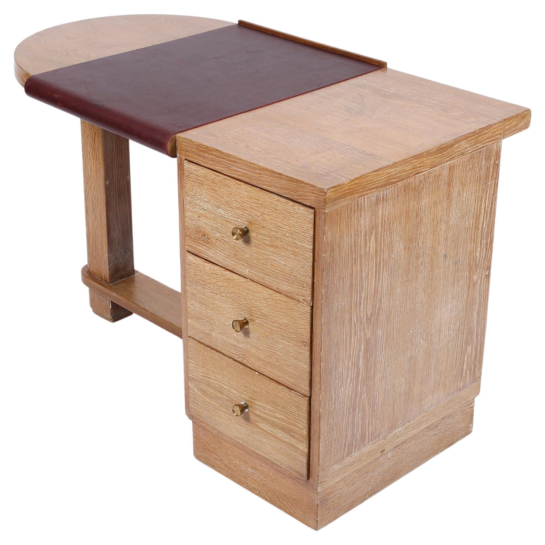 1930s French Art Deco Limed Oak and Leather Desk in the manner of Jacques Adnet For Sale