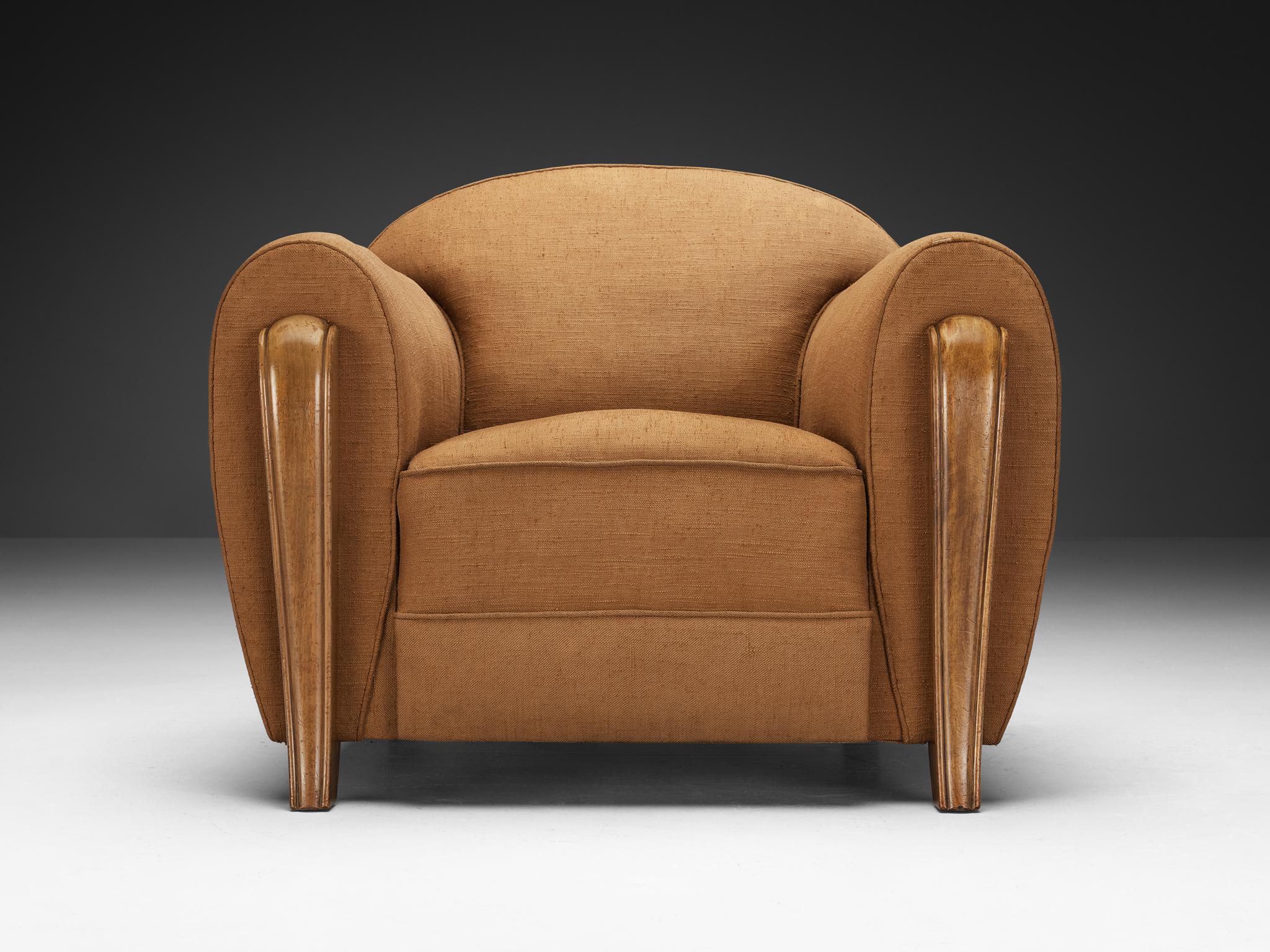 1930s French Art Deco Lounge Chair in Walnut & Light Brown Fabric In Good Condition For Sale In Waalwijk, NL
