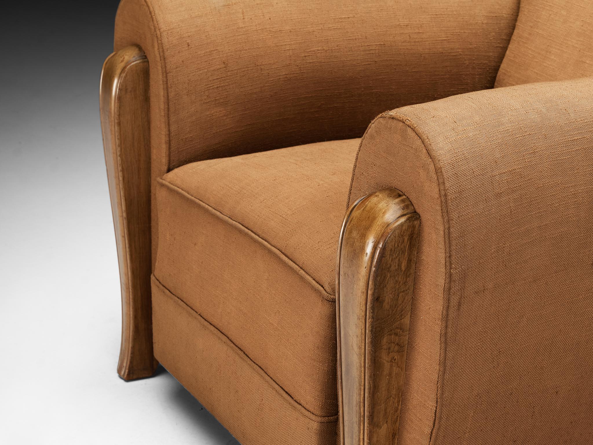 Mid-20th Century 1930s French Art Deco Lounge Chair in Walnut & Light Brown Fabric For Sale