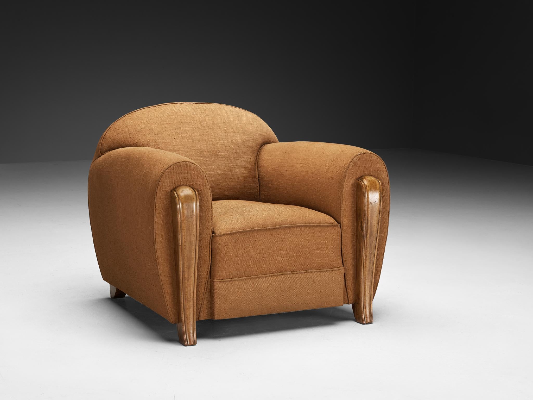 1930s French Art Deco Lounge Chair in Walnut & Light Brown Fabric For Sale 1
