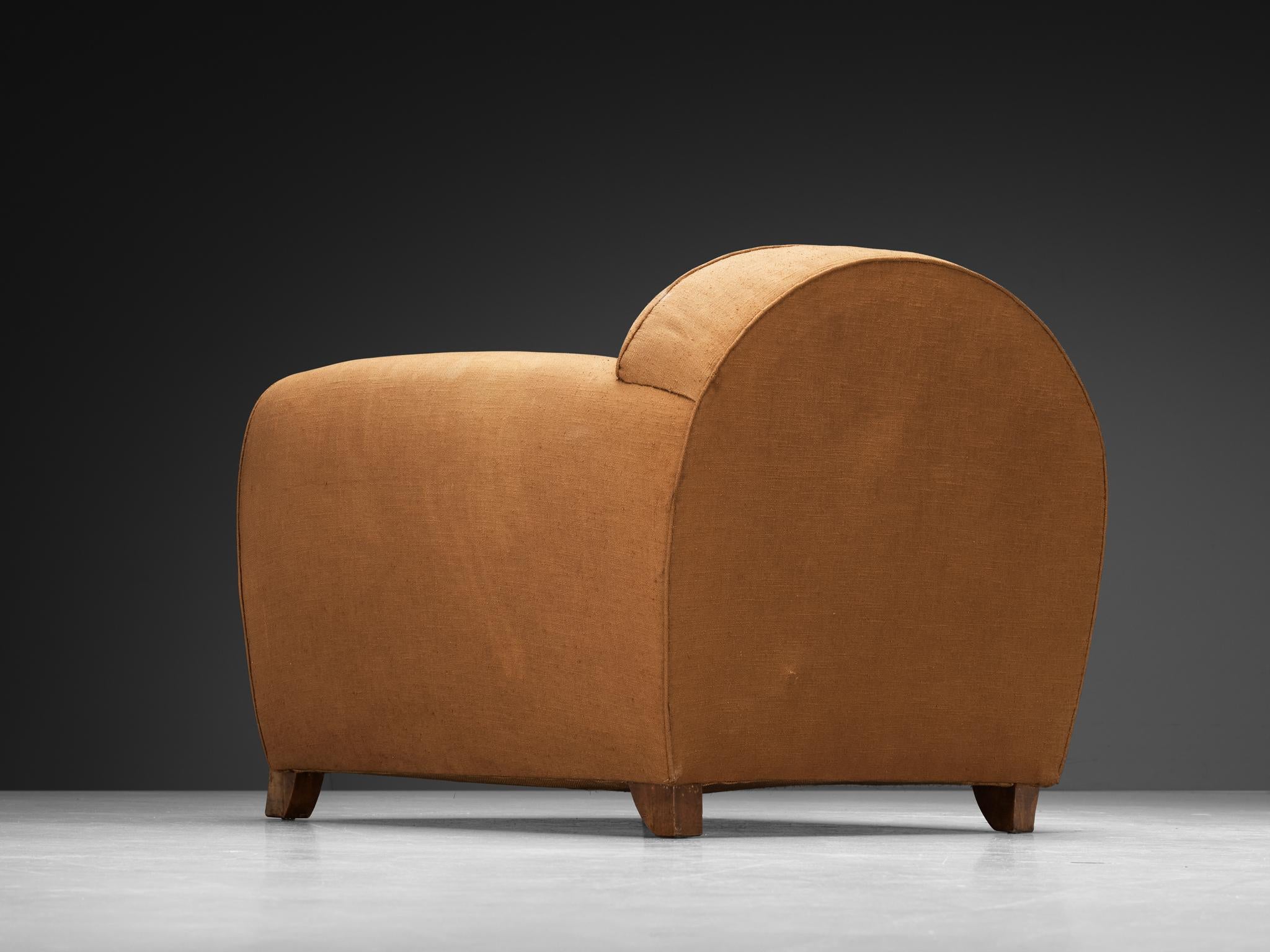 1930s French Art Deco Lounge Chair in Walnut & Light Brown Fabric For Sale 2