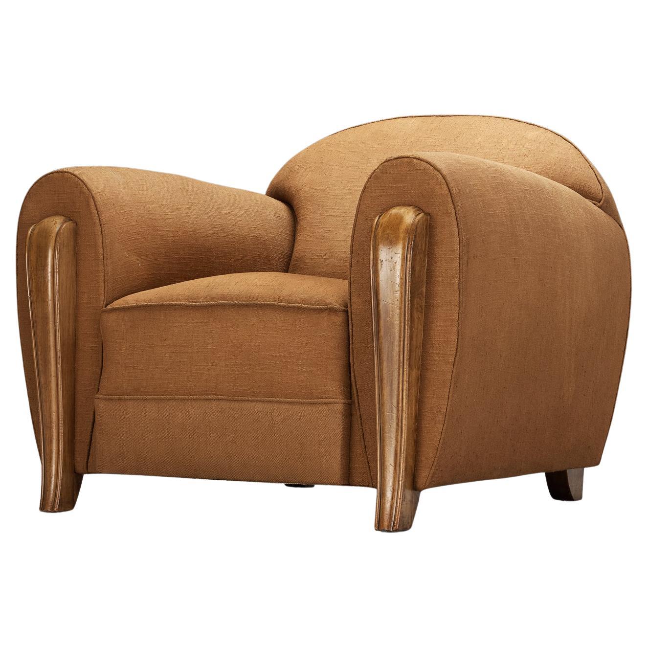 1930s French Art Deco Lounge Chair in Walnut & Light Brown Fabric