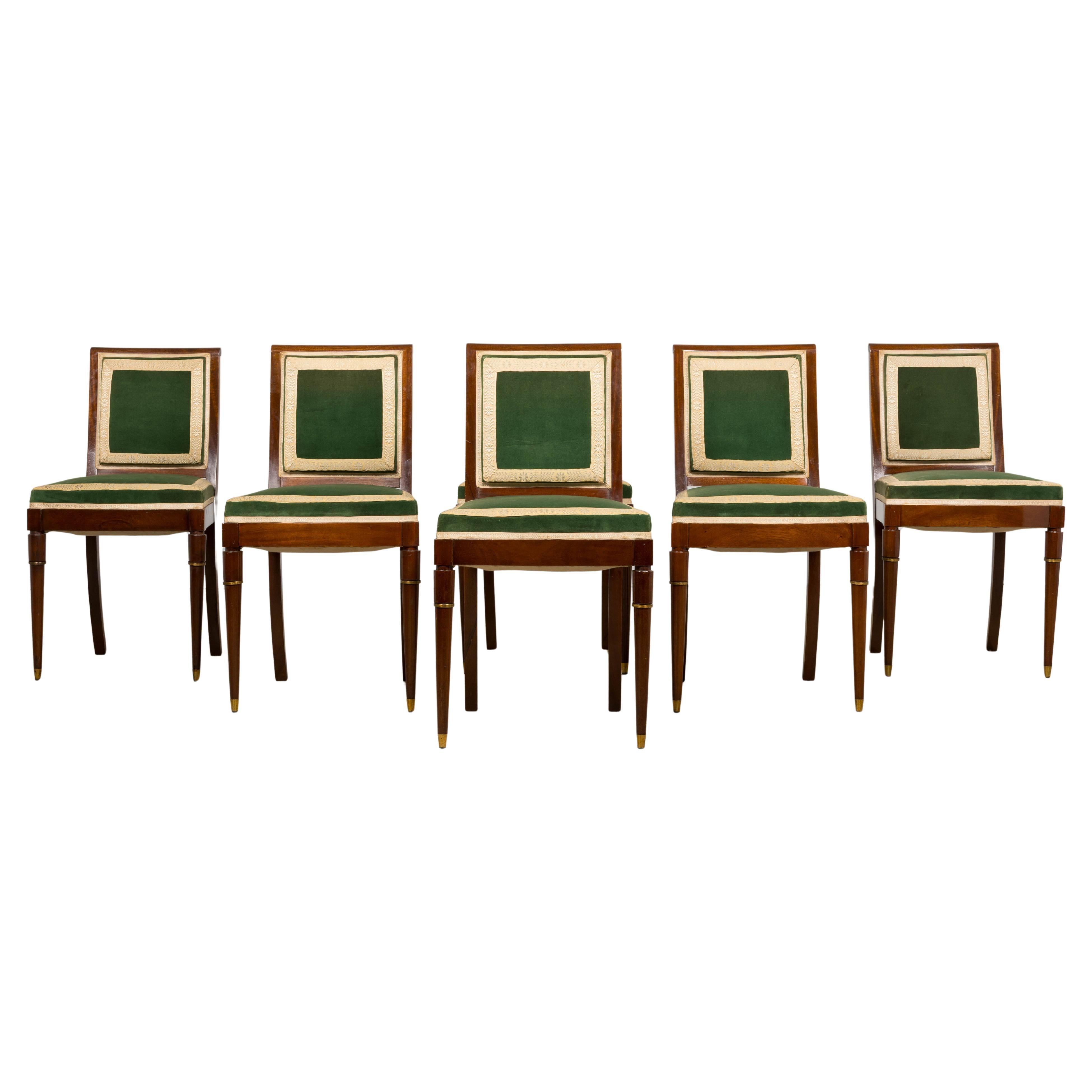 Sedie da pranzo in mogano Art Deco francese degli anni 
30 in velluto verde oliva - Set di 6 in vendita