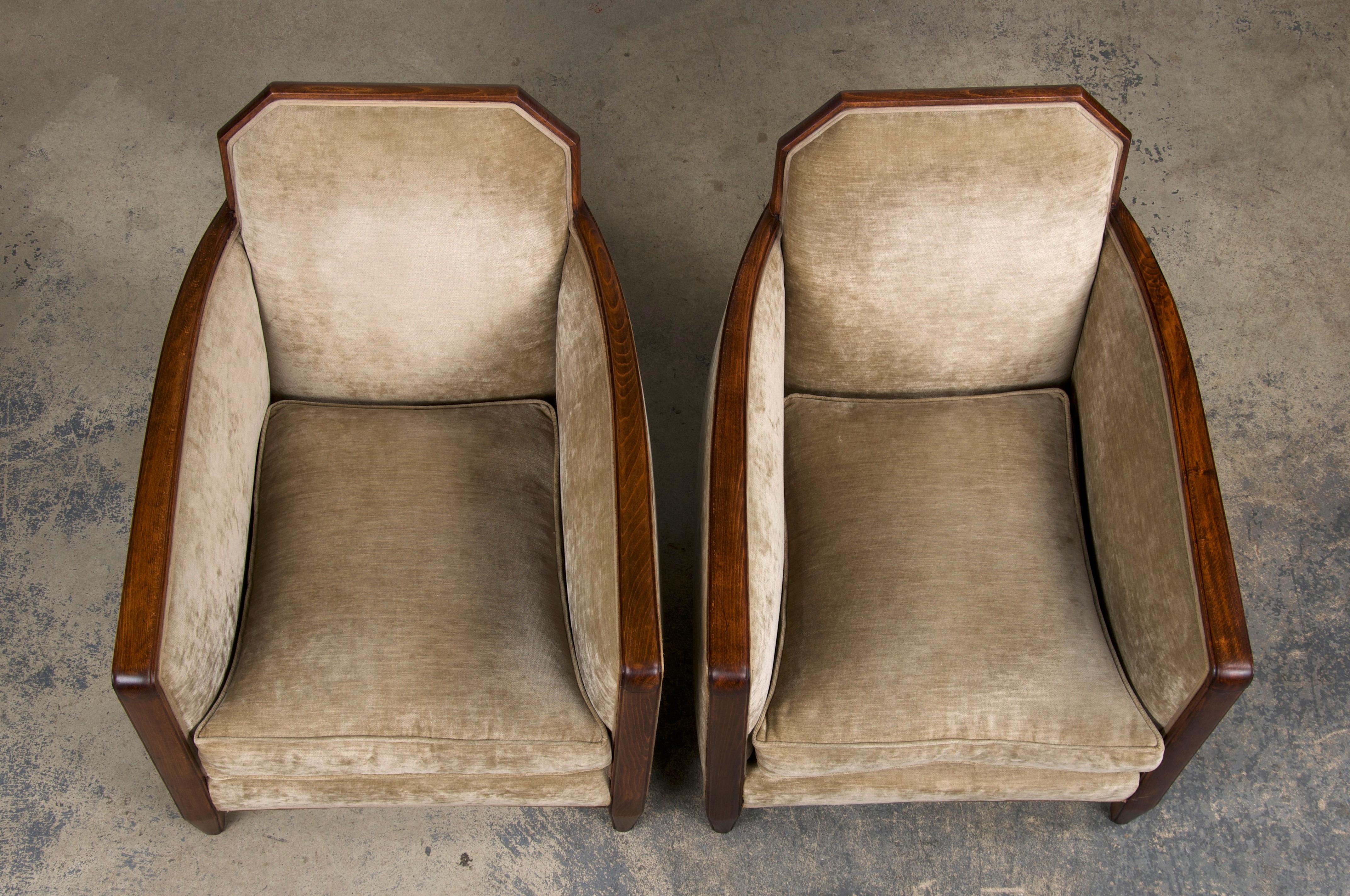 1930s French Art Deco Maple Club Chairs and Loveseat W/ Beige Velvet - Set of 3 5