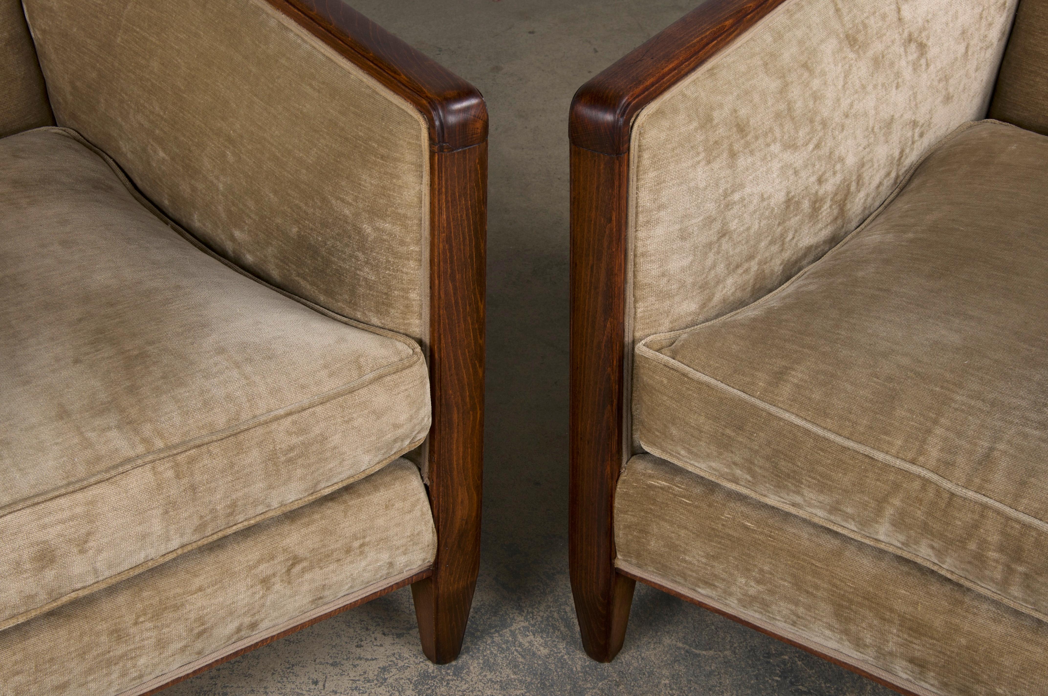 1930s French Art Deco Maple Club Chairs and Loveseat W/ Beige Velvet - Set of 3 9