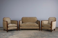 Sillas Club y Loveseat Franceses Art Deco de Arce con Terciopelo Beige Años 30 - Lote de 3