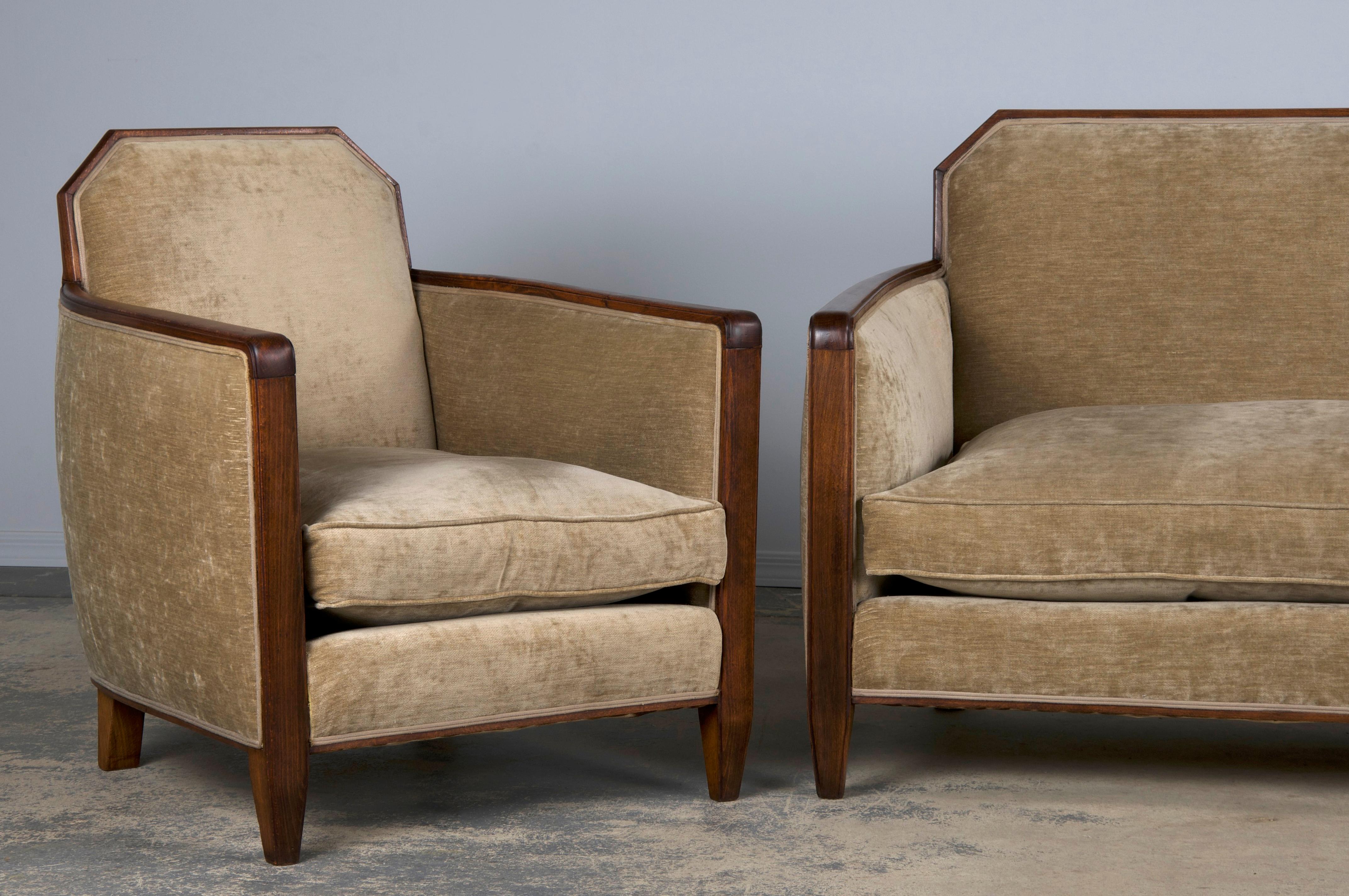 Hand-Crafted 1930s French Art Deco Maple Club Chairs and Loveseat W/ Beige Velvet - Set of 3