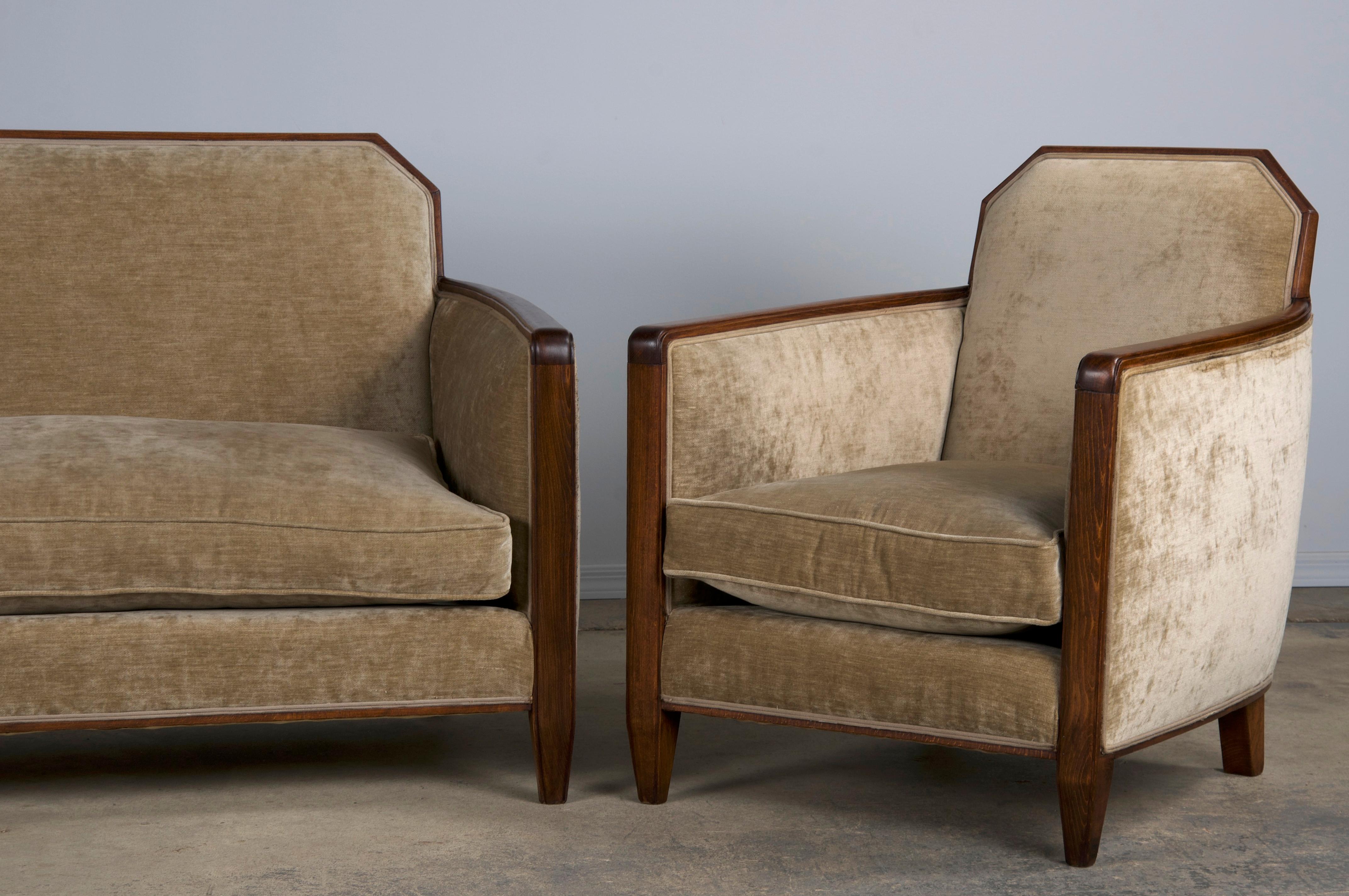 20th Century 1930s French Art Deco Maple Club Chairs and Loveseat W/ Beige Velvet - Set of 3