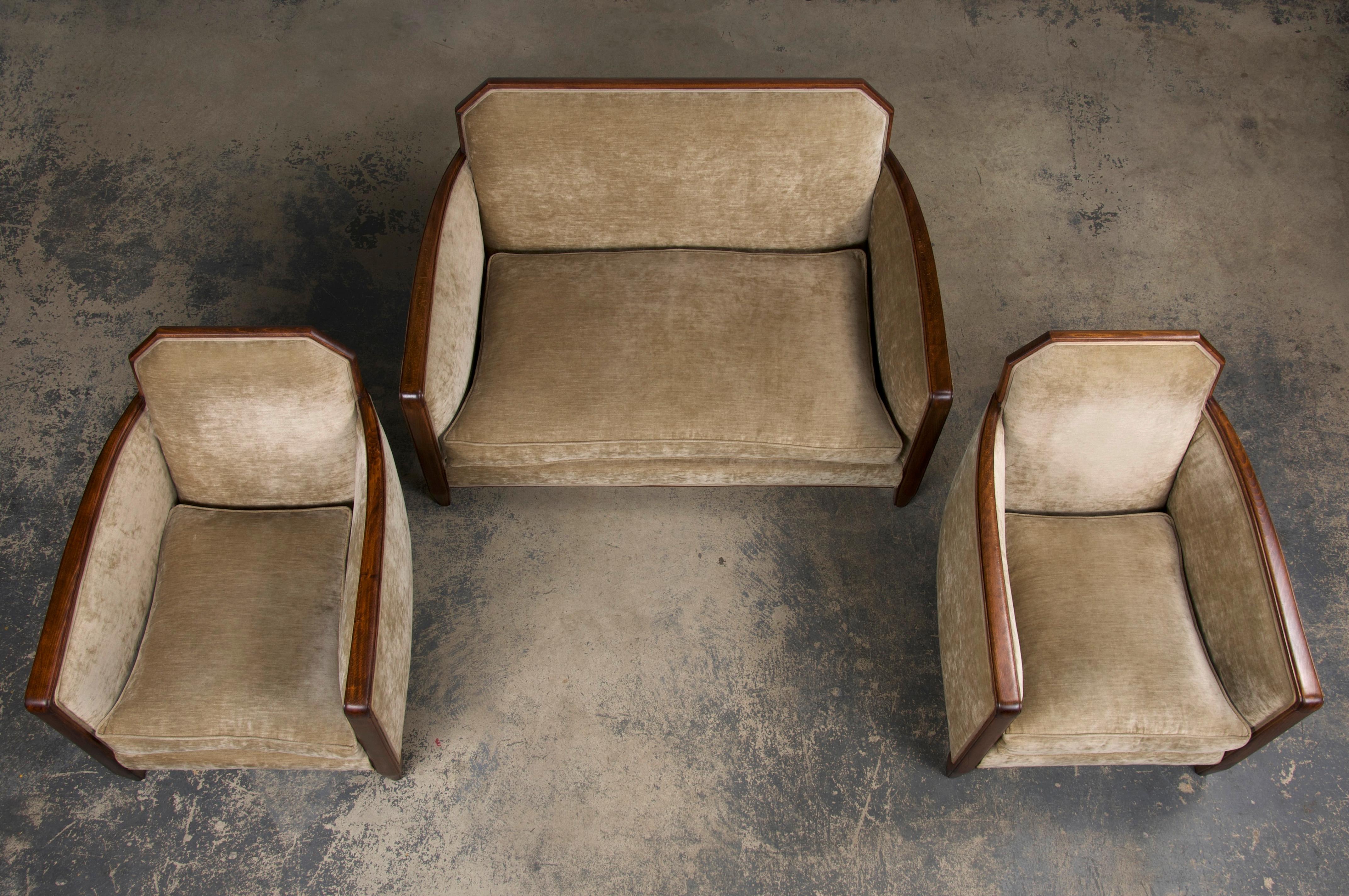 1930s French Art Deco Maple Club Chairs and Loveseat W/ Beige Velvet - Set of 3 1