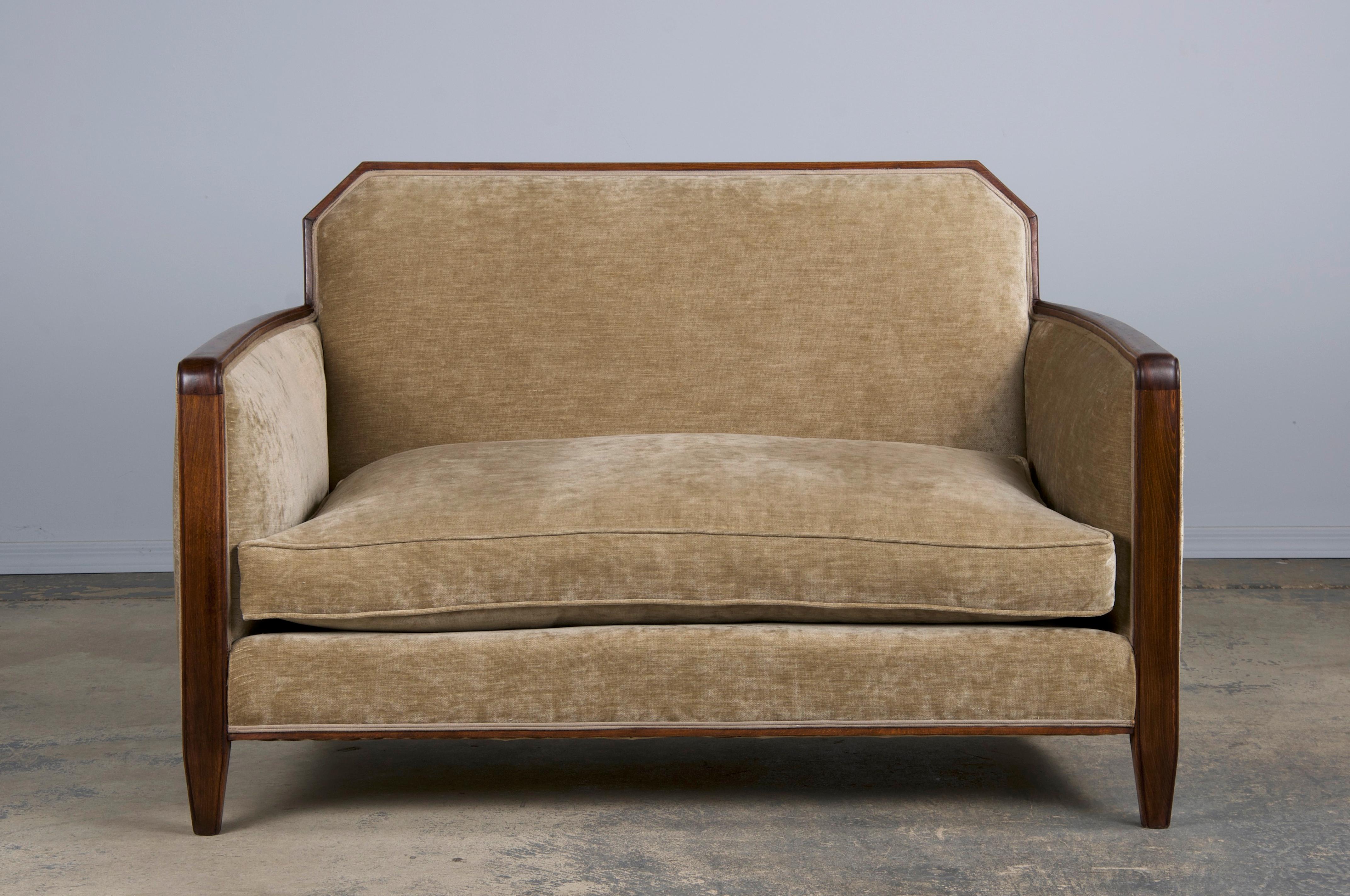 1930s French Art Deco Maple Club Chairs and Loveseat W/ Beige Velvet - Set of 3 2