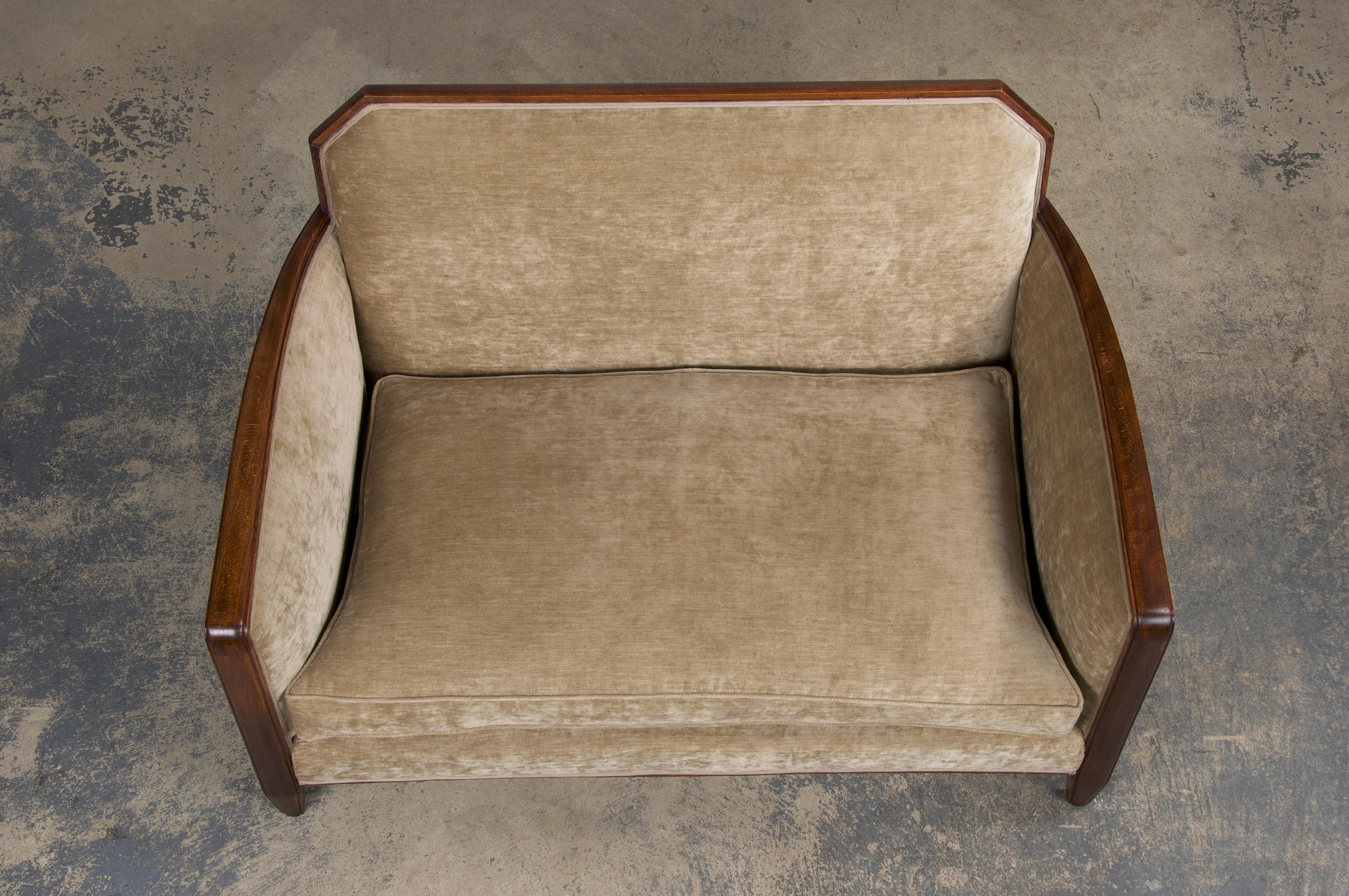 1930s French Art Deco Maple Club Chairs and Loveseat W/ Beige Velvet - Set of 3 3