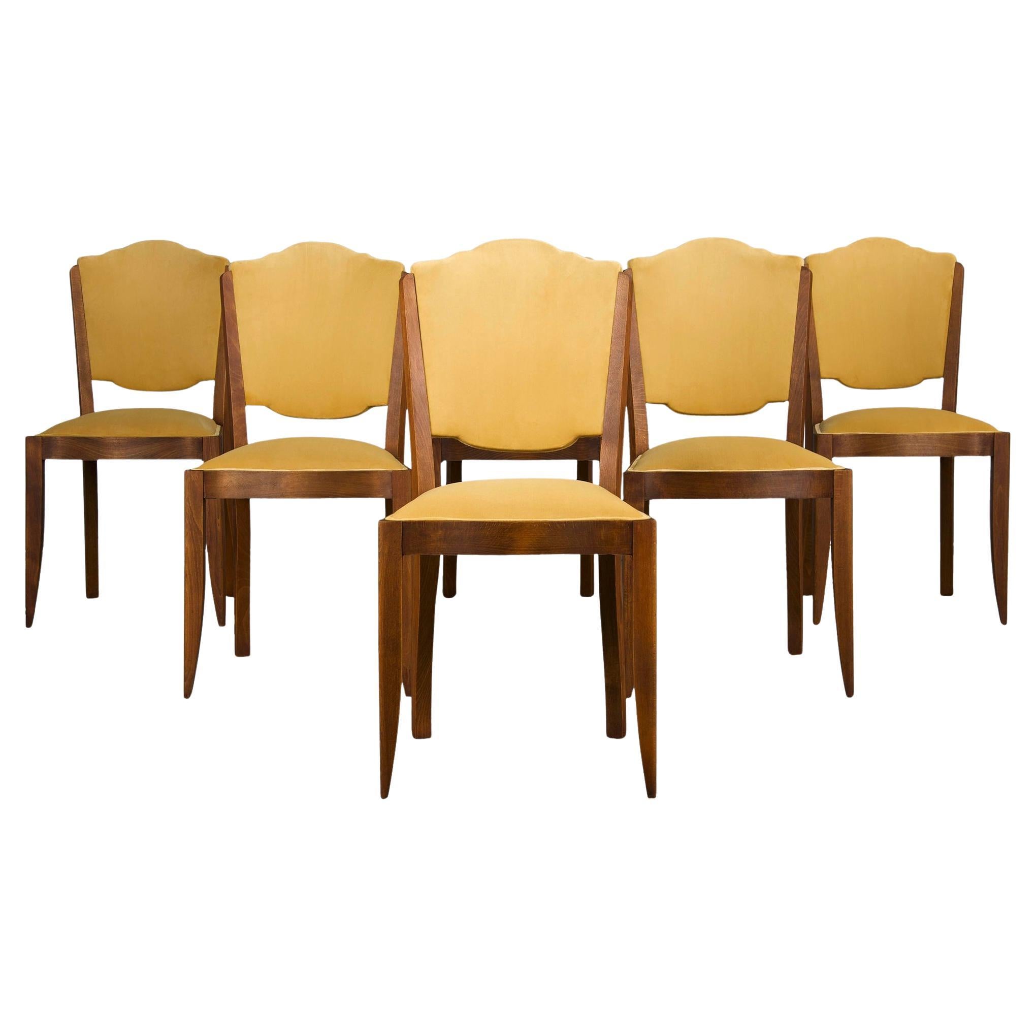 1930s French Art Deco Maple Dining Chairs W/ Curry Yellow Velvet - Set of 6