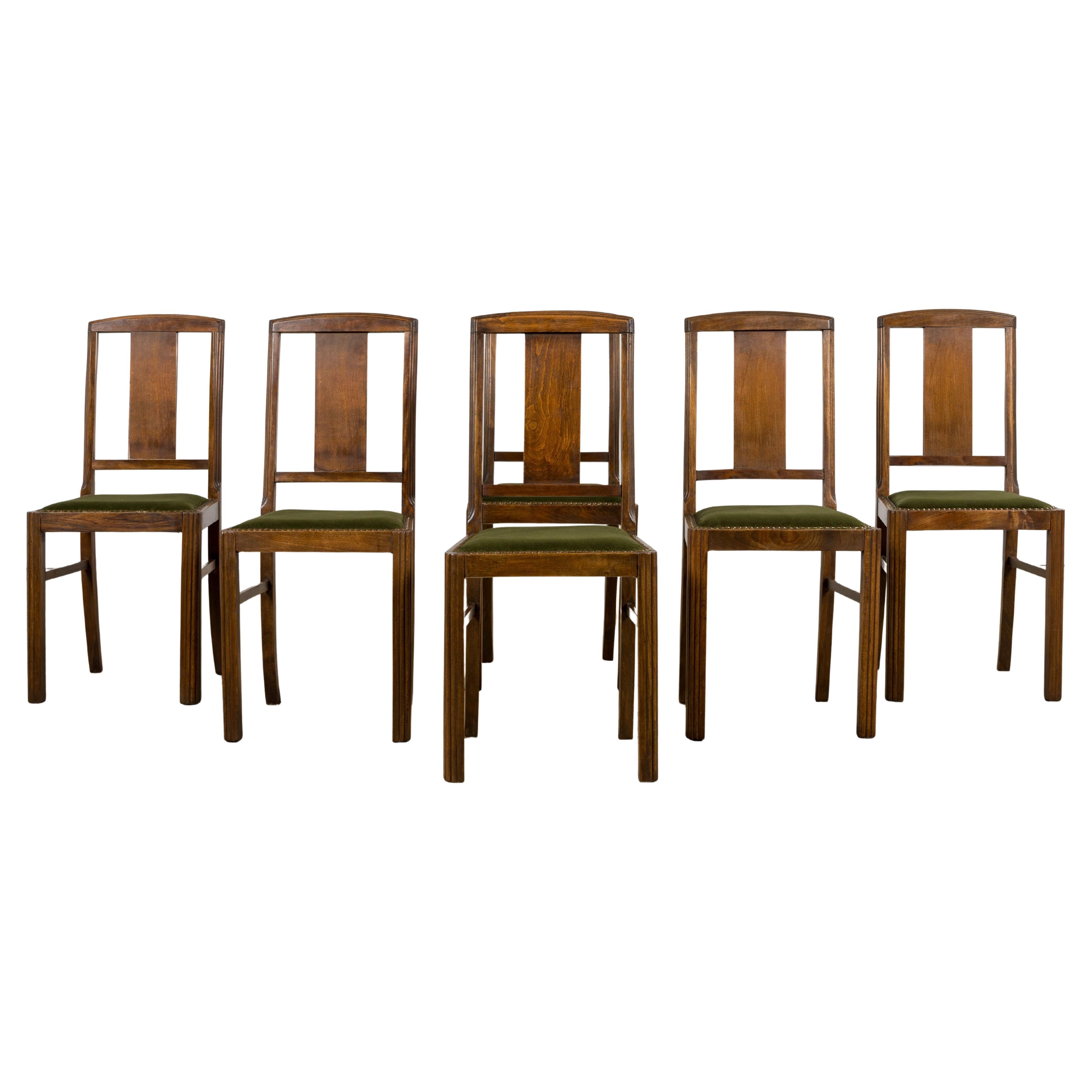 Chaises de salle à manger en érable Art Deco français des années 1930 avec velours vert olive - Lot de 6
