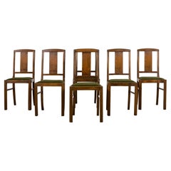 Chaises de salle à manger en érable Art Deco français des années 1930 avec velours vert olive - Lot de 6