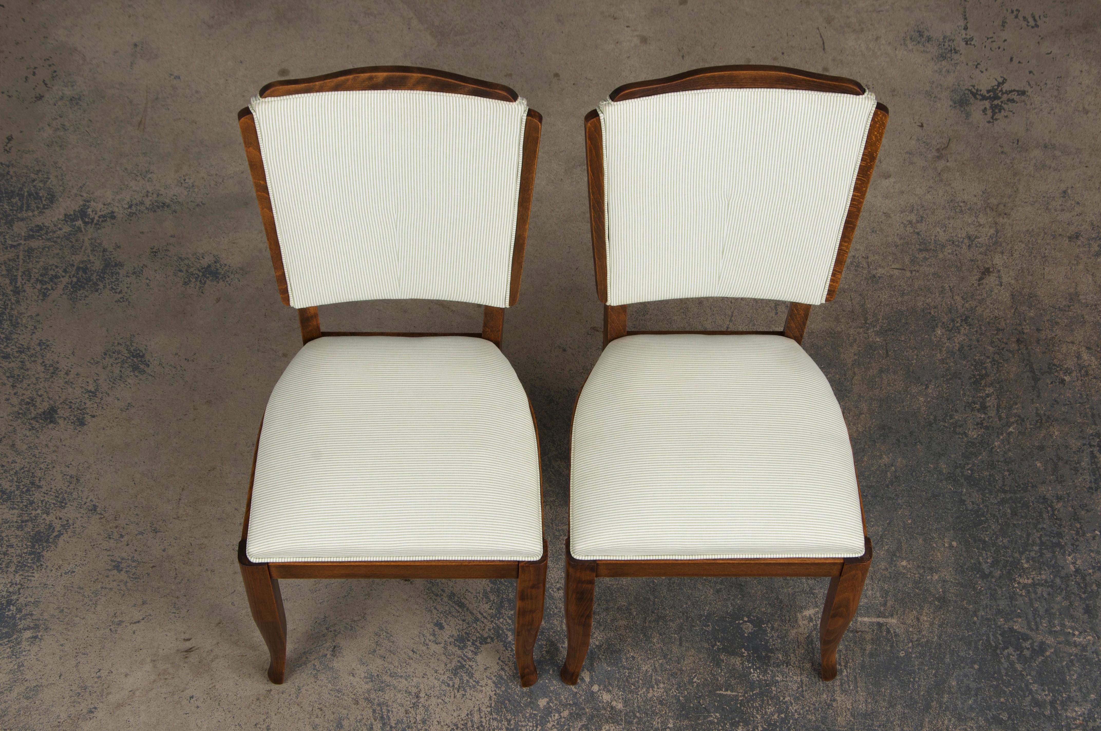 Fatto a mano Sedie da pranzo francesi Art Déco anni '30 in acero con tessuto a righe - Set di 6 in vendita