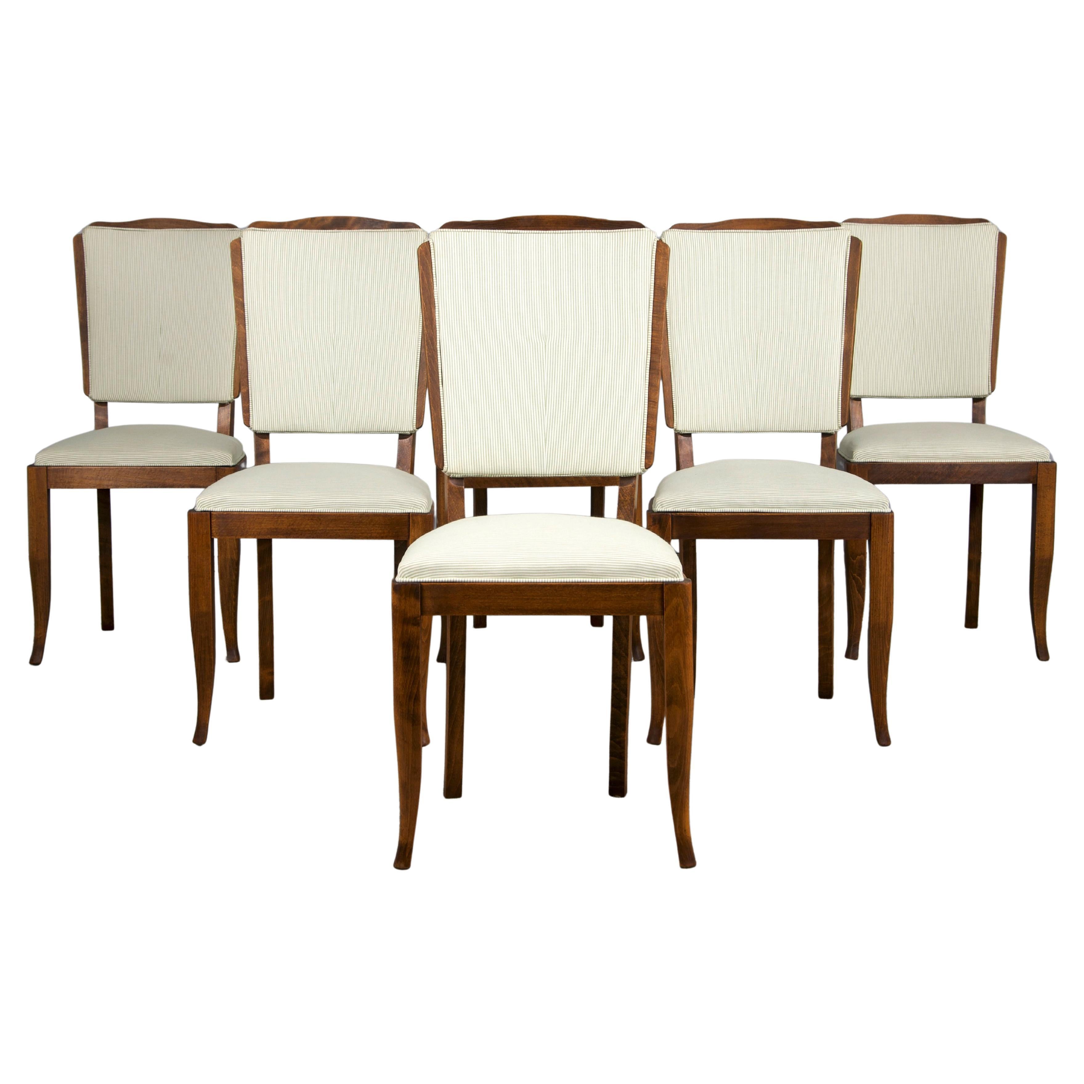 1930s French Art Deco Maple Dining Chairs W/ Striped Fabric - Set of 6