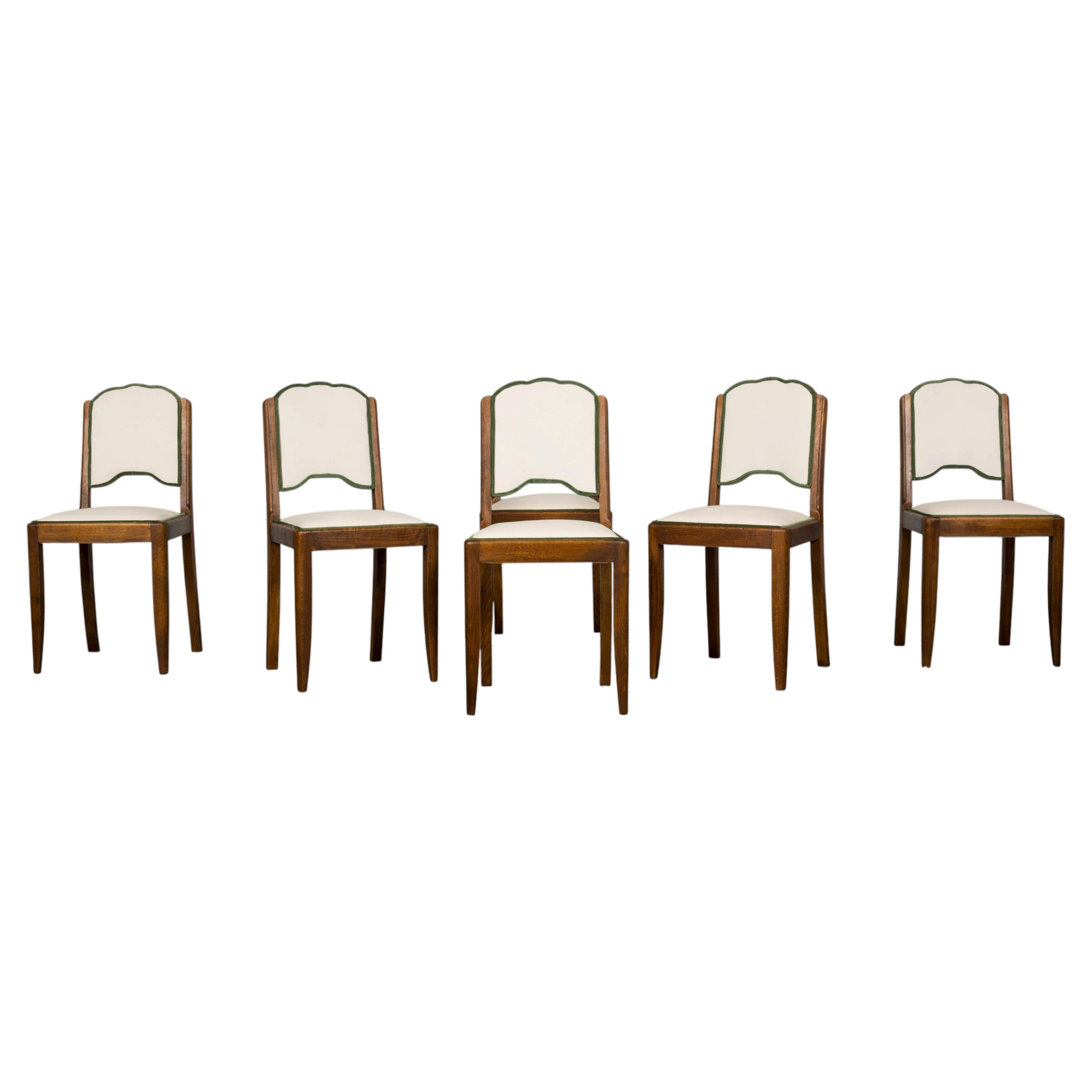 Set of Six 1930s French Art Deco Scalloped Backs Dining Chairs in Maple & Velvet
