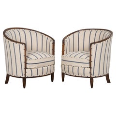 1930s French Art Deco Maple Tub Chairs in Striped Fabric - A Pair