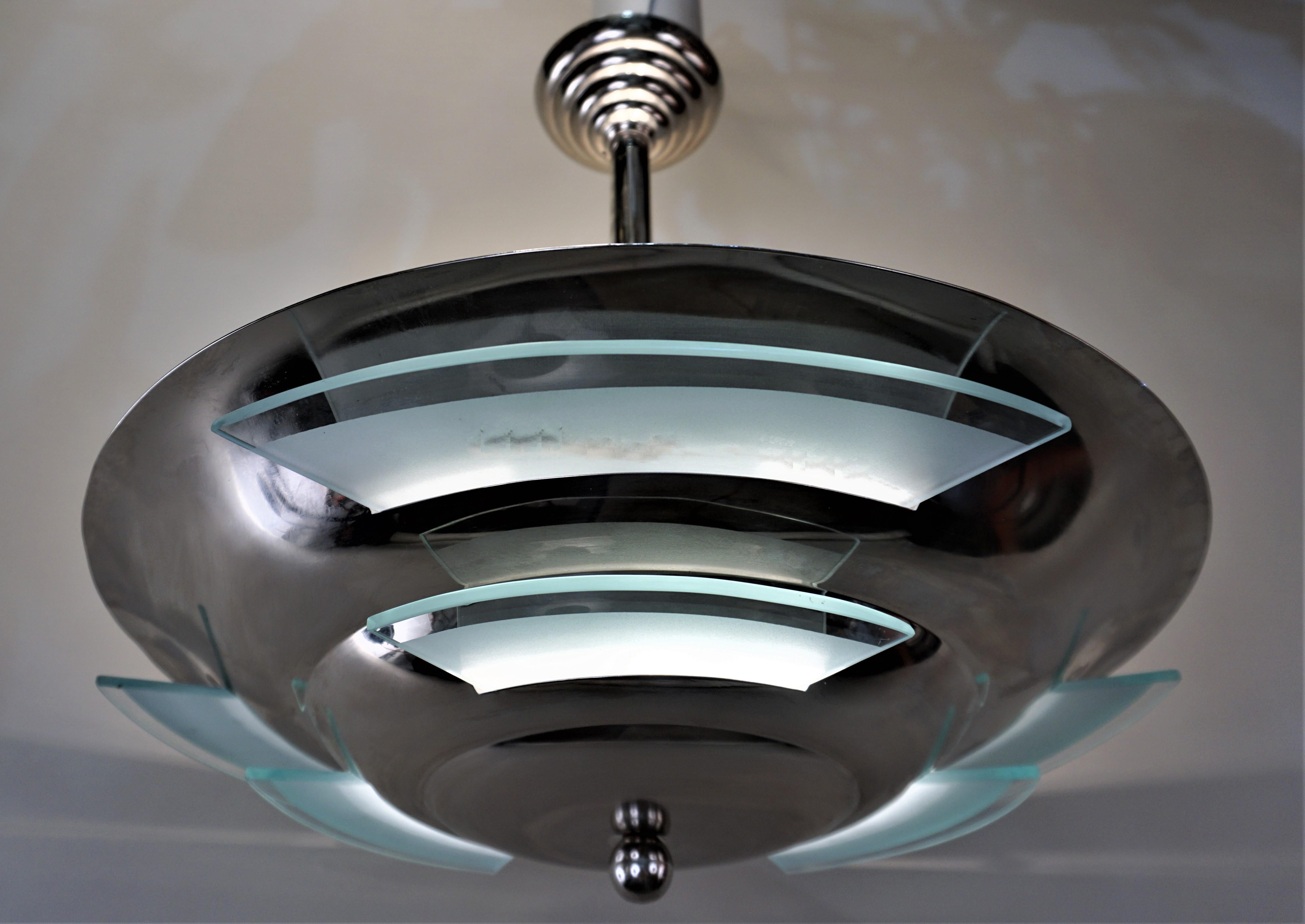 1930s French Art Deco Modernist Nickel and Glass Chandelier by Petitot In Good Condition In Fairfax, VA
