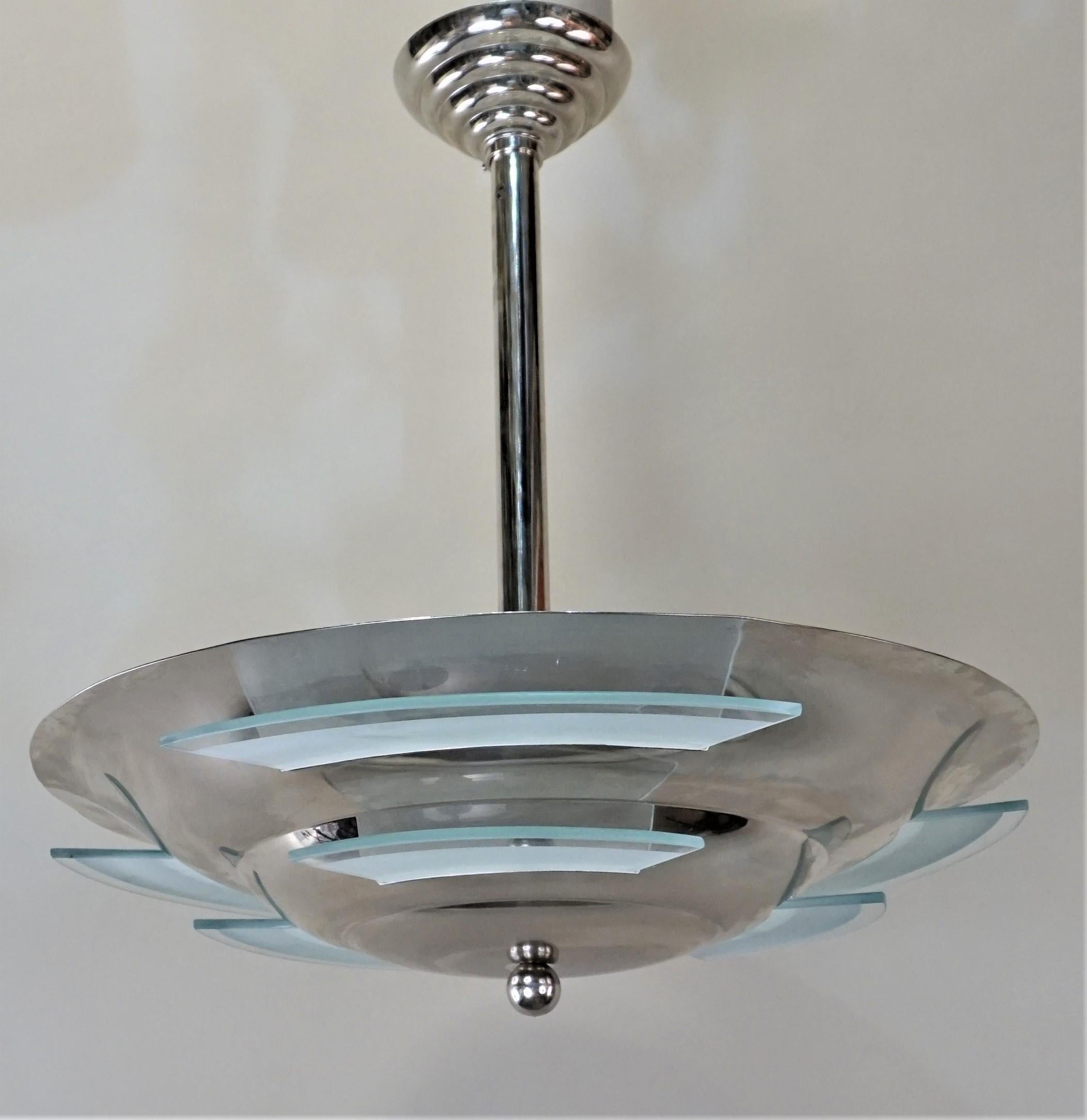 1930s French Art Deco Modernist Nickel and Glass Chandelier by Petitot 2