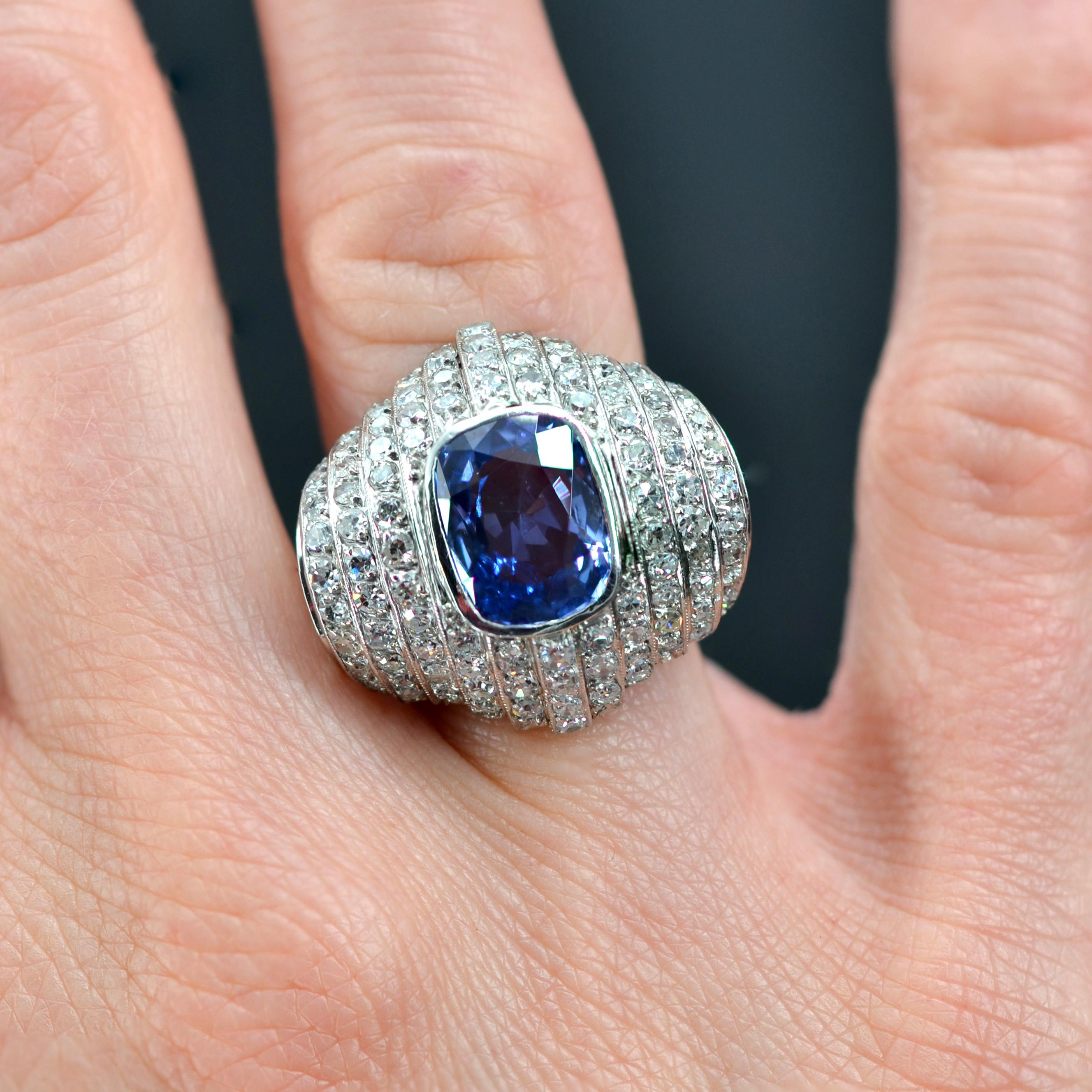 French Late Art Deco Natural Ceylan Sapphire Diamonds Platinum Ring For Sale 5