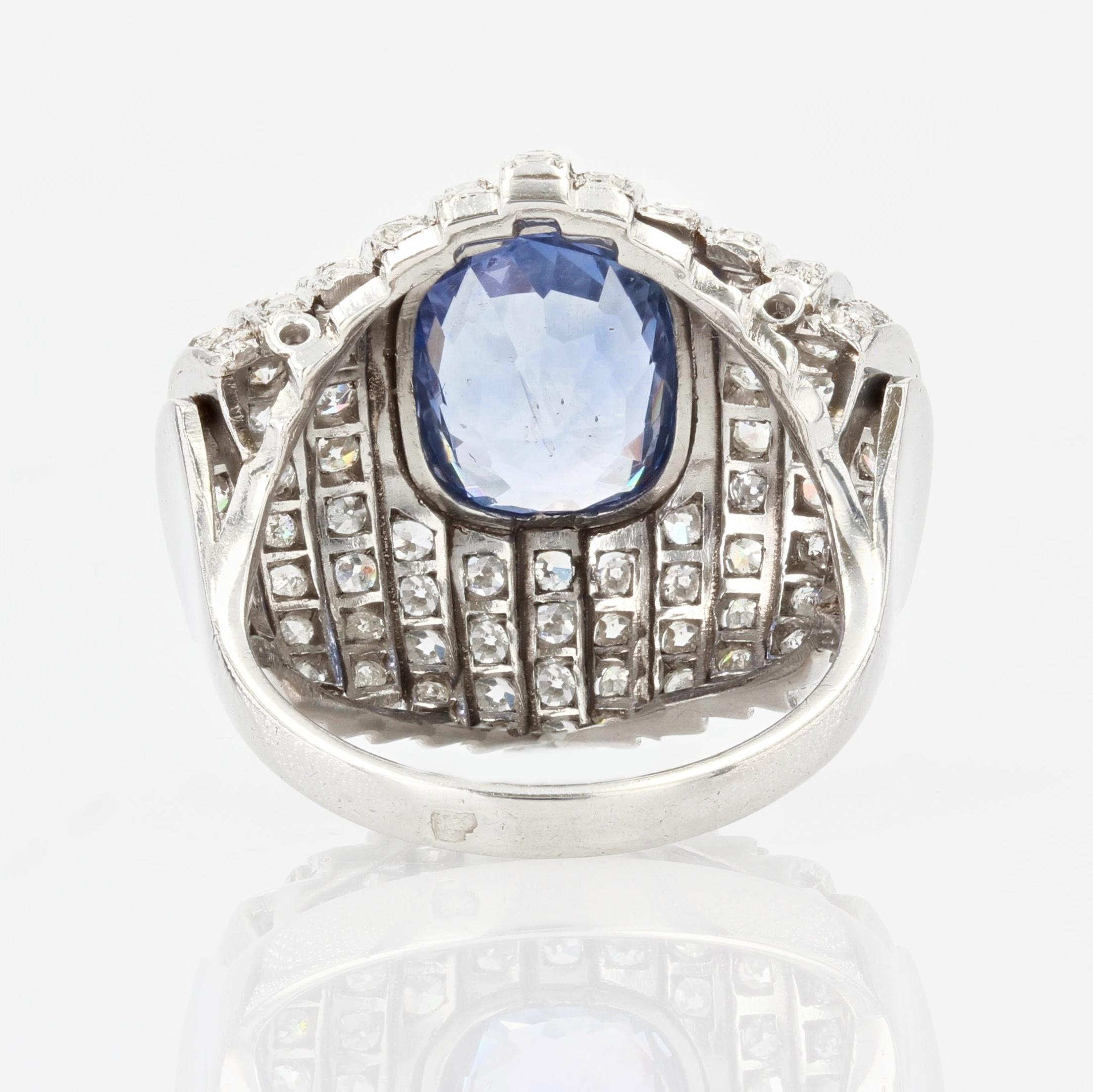 French Late Art Deco Natural Ceylan Sapphire Diamonds Platinum Ring For Sale 6