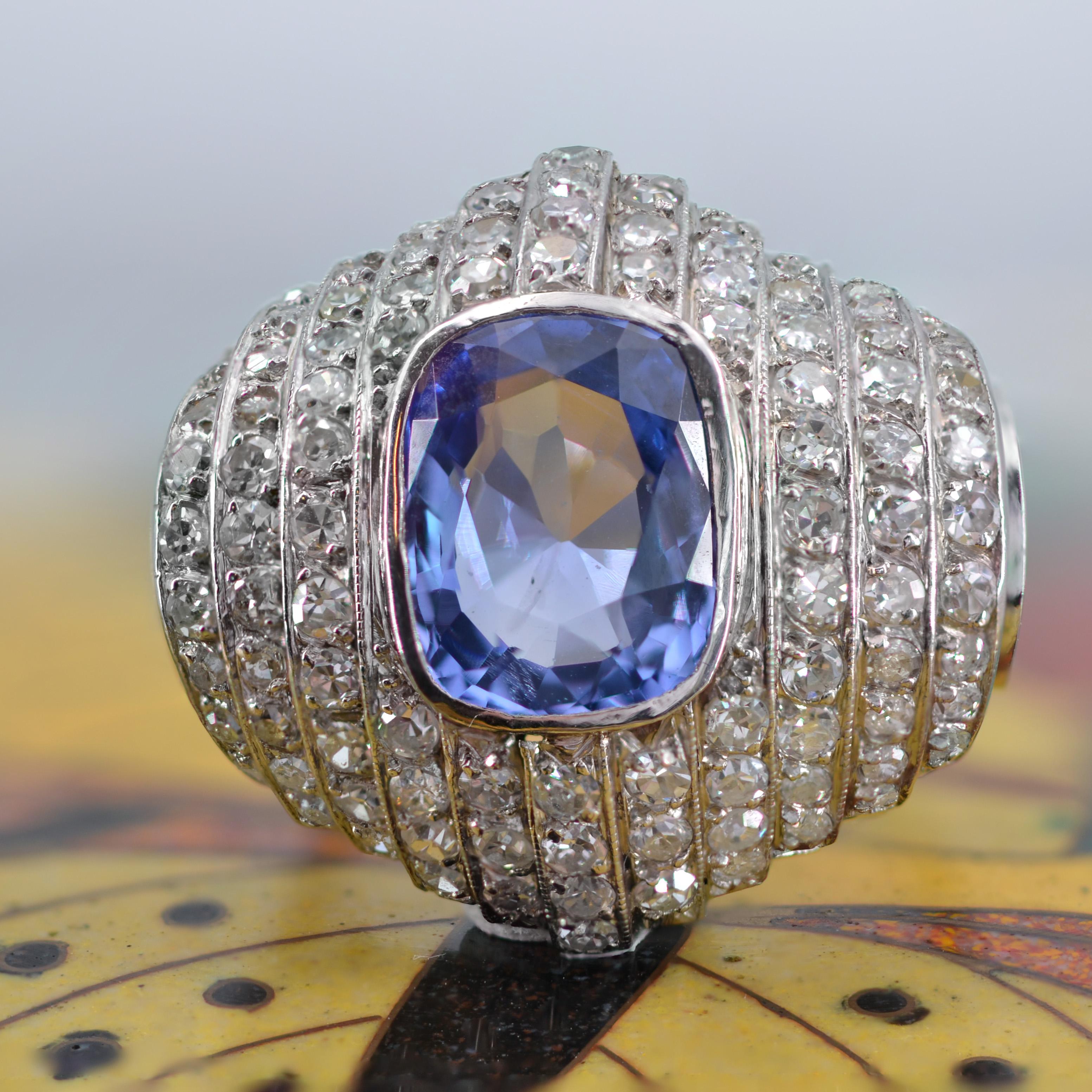 French Late Art Deco Natural Ceylan Sapphire Diamonds Platinum Ring For Sale 8