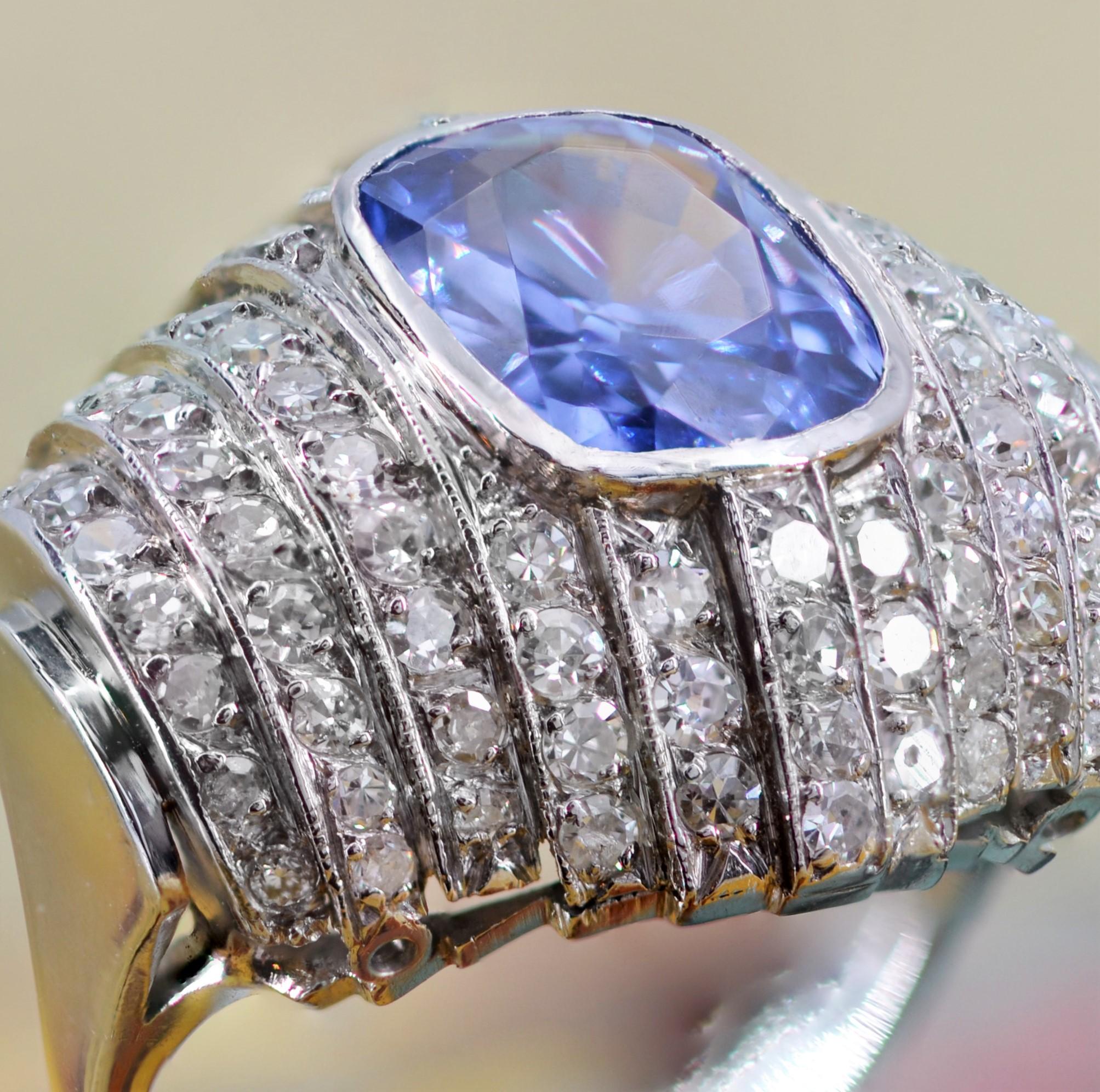 Platinring mit natrlichem Ceylan-Saphir und Diamanten im spten Art dco-Stil im Angebot 9