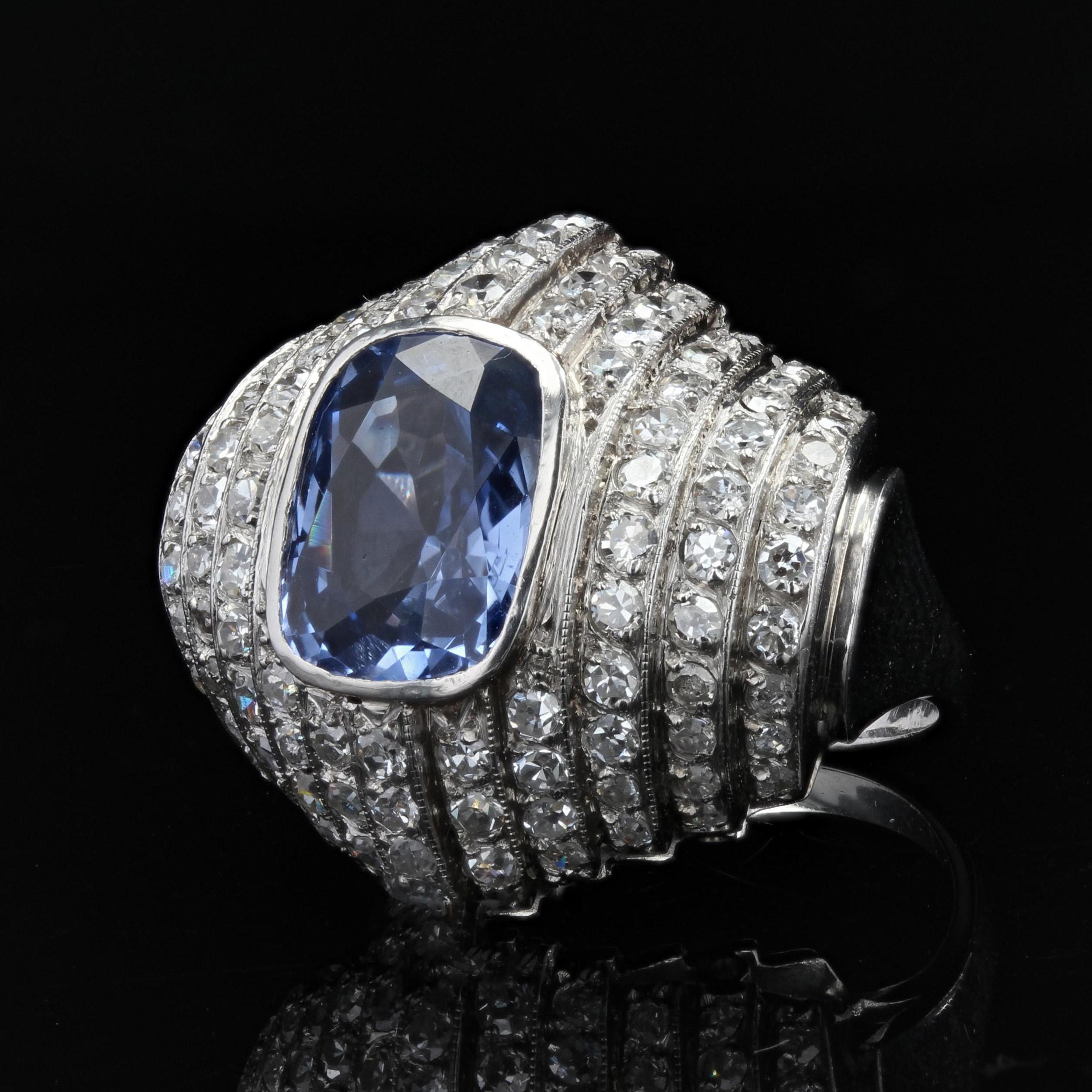 Women's French Late Art Deco Natural Ceylan Sapphire Diamonds Platinum Ring For Sale