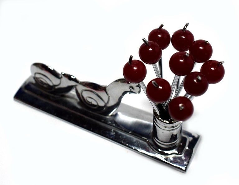 1930s French Art Deco Novelty Chrome Cocktail Stick Holder with Chasing