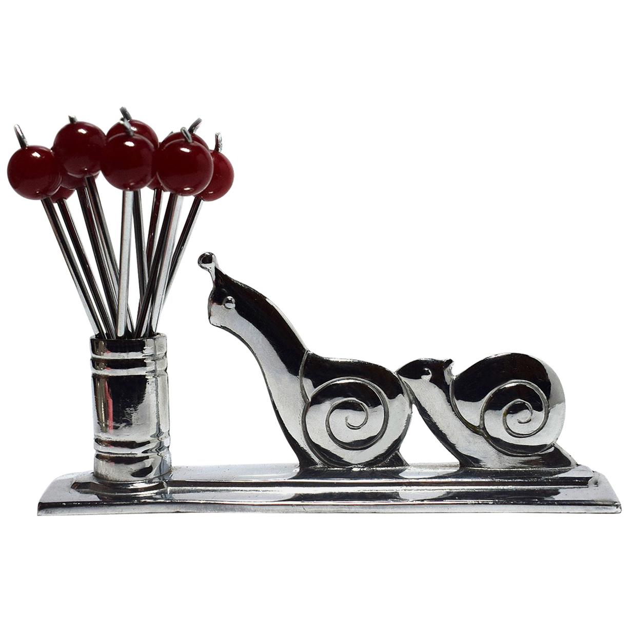 1930s French Art Deco Novelty Chrome Cocktail Stick Holder with Chasing Snails