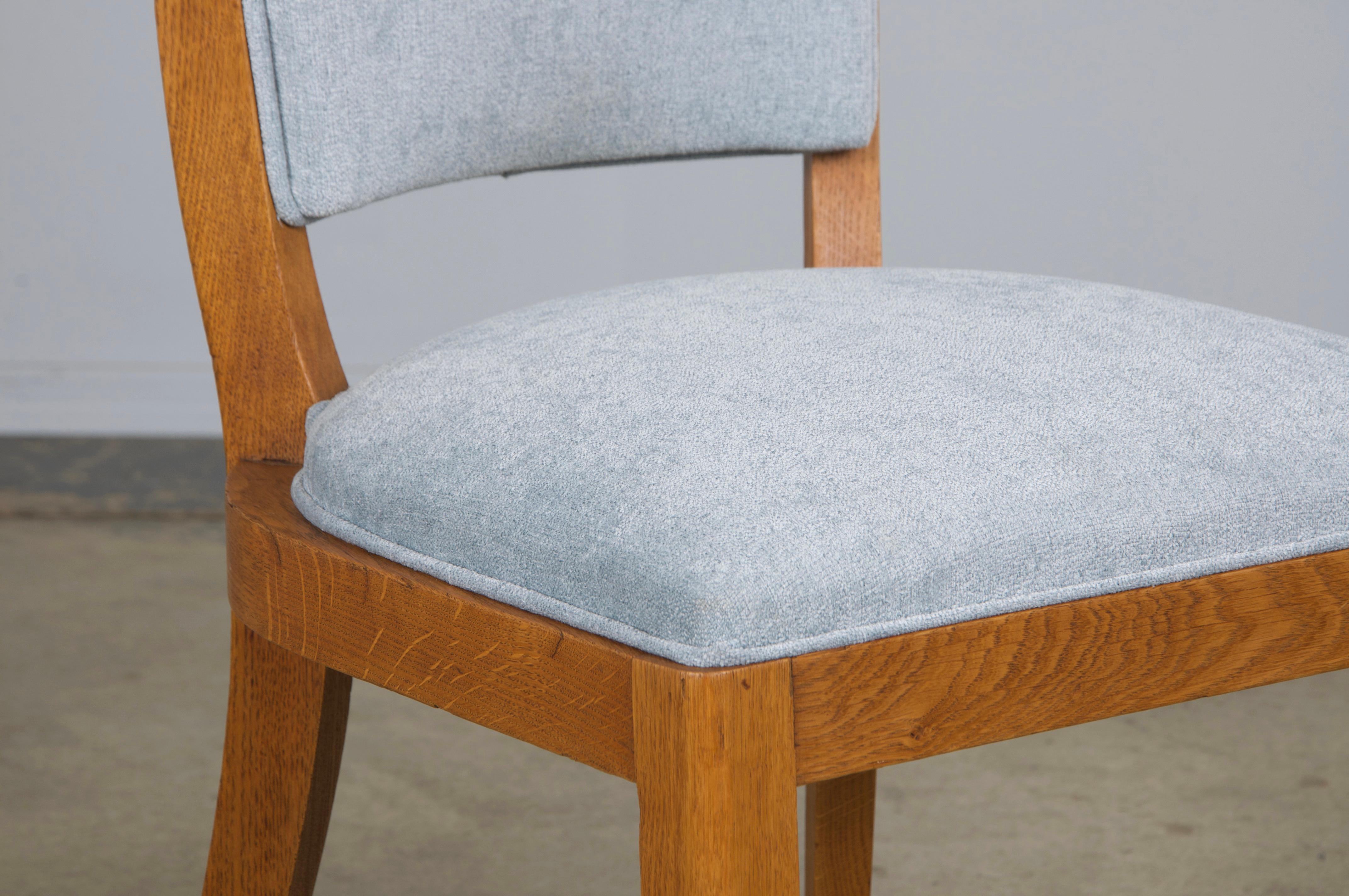 1930s French Art Deco Oak Dining Chairs in Dusty Blue Chenille - Set of 6 For Sale 5