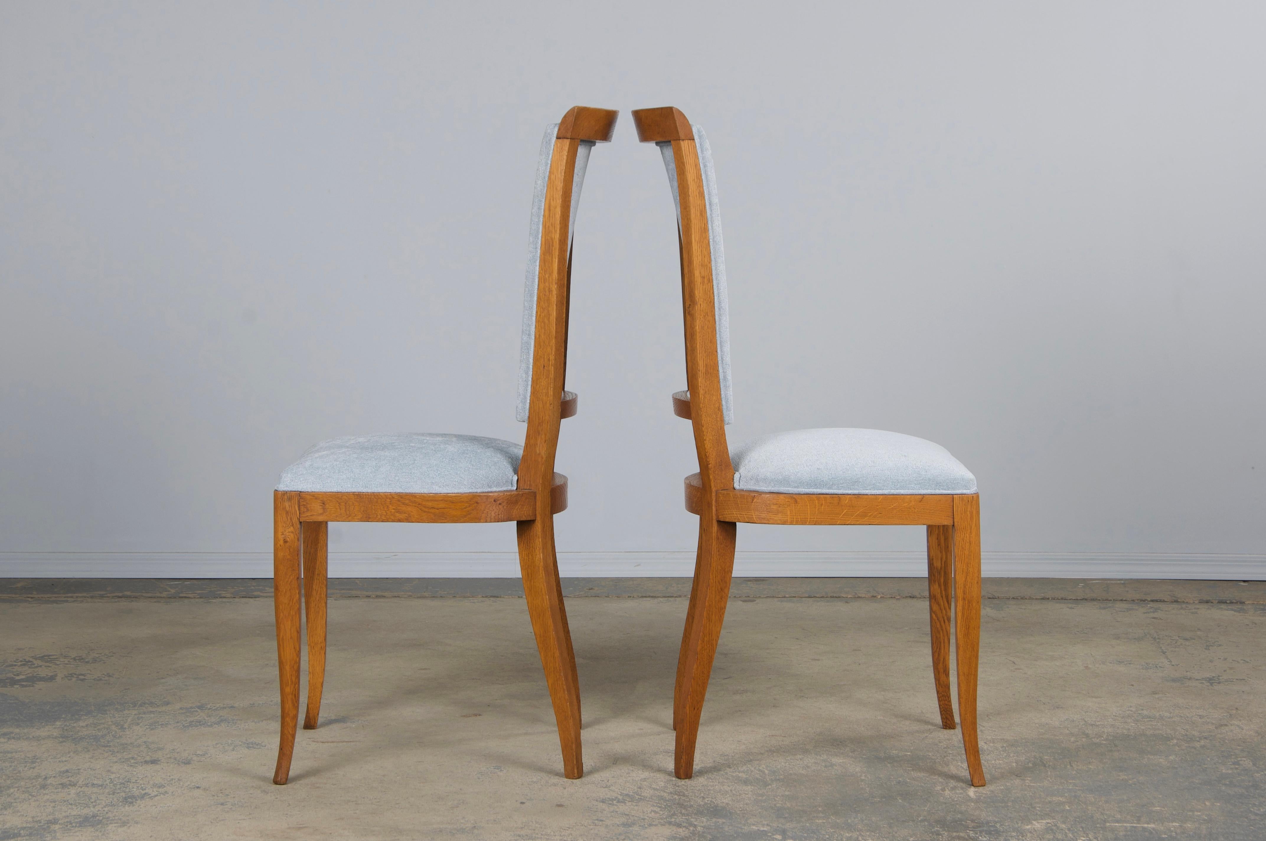 1930s French Art Deco Oak Dining Chairs in Dusty Blue Chenille - Set of 6 For Sale 6