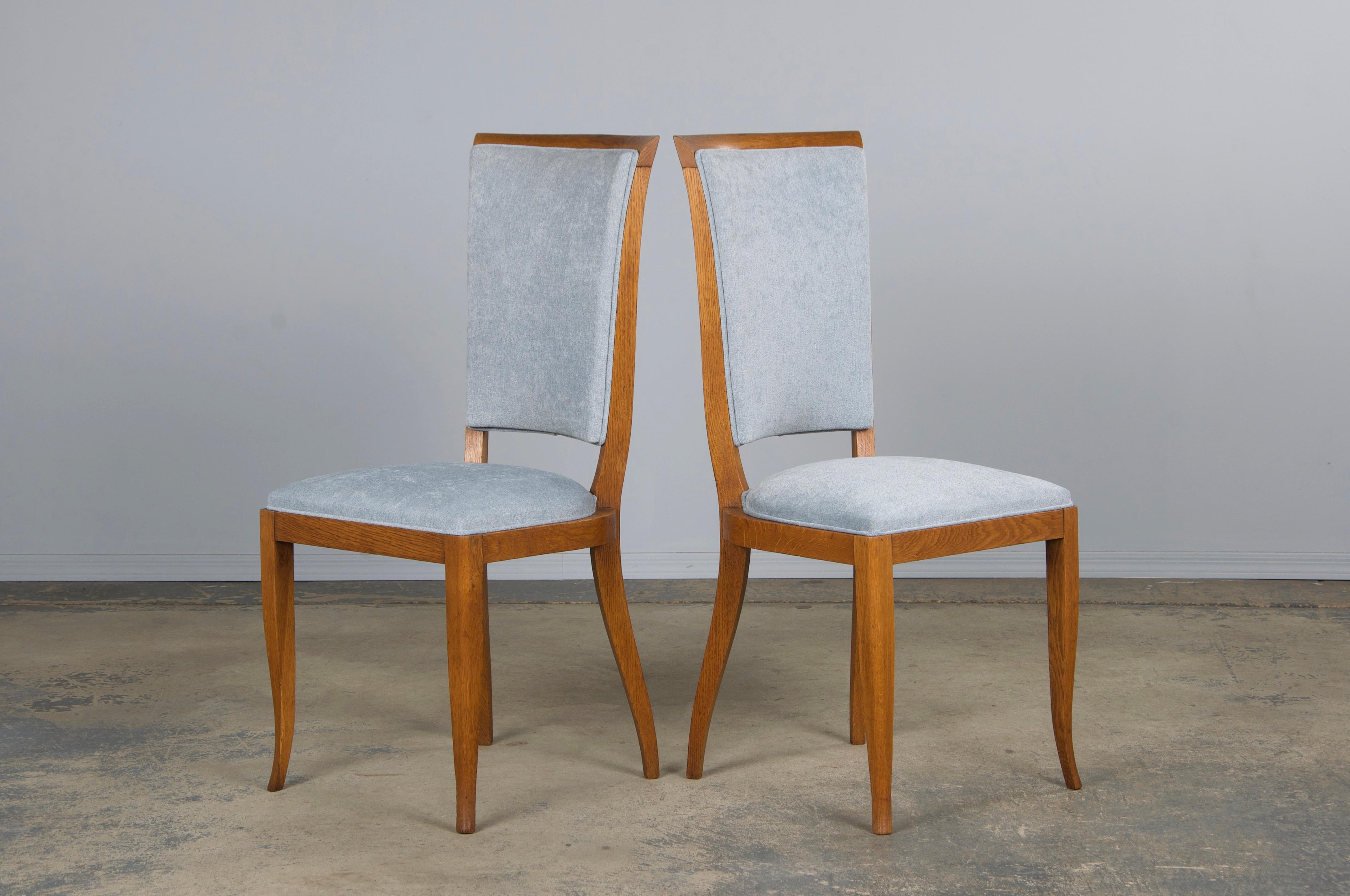 1930s French Art Deco Oak Dining Chairs in Dusty Blue Chenille - Set of 6 For Sale 7