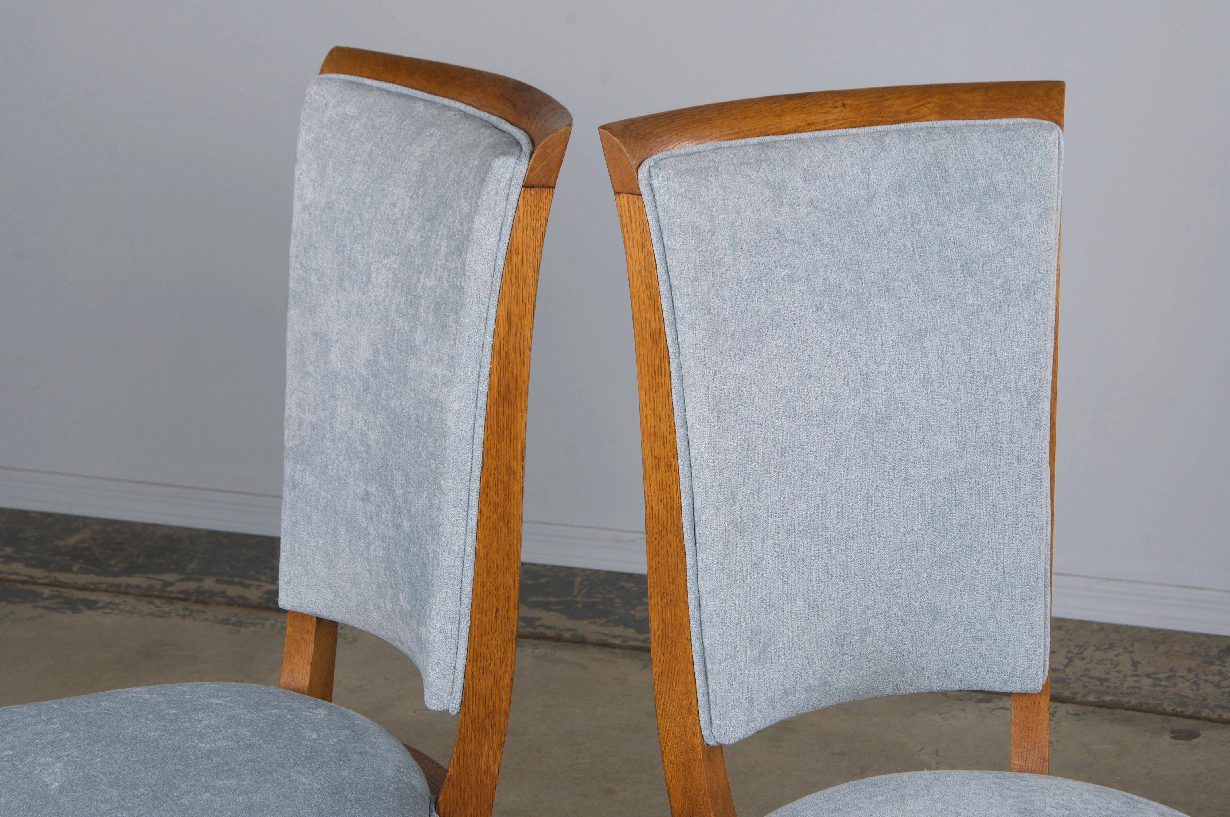 1930s French Art Deco Oak Dining Chairs in Dusty Blue Chenille - Set of 6 For Sale 8